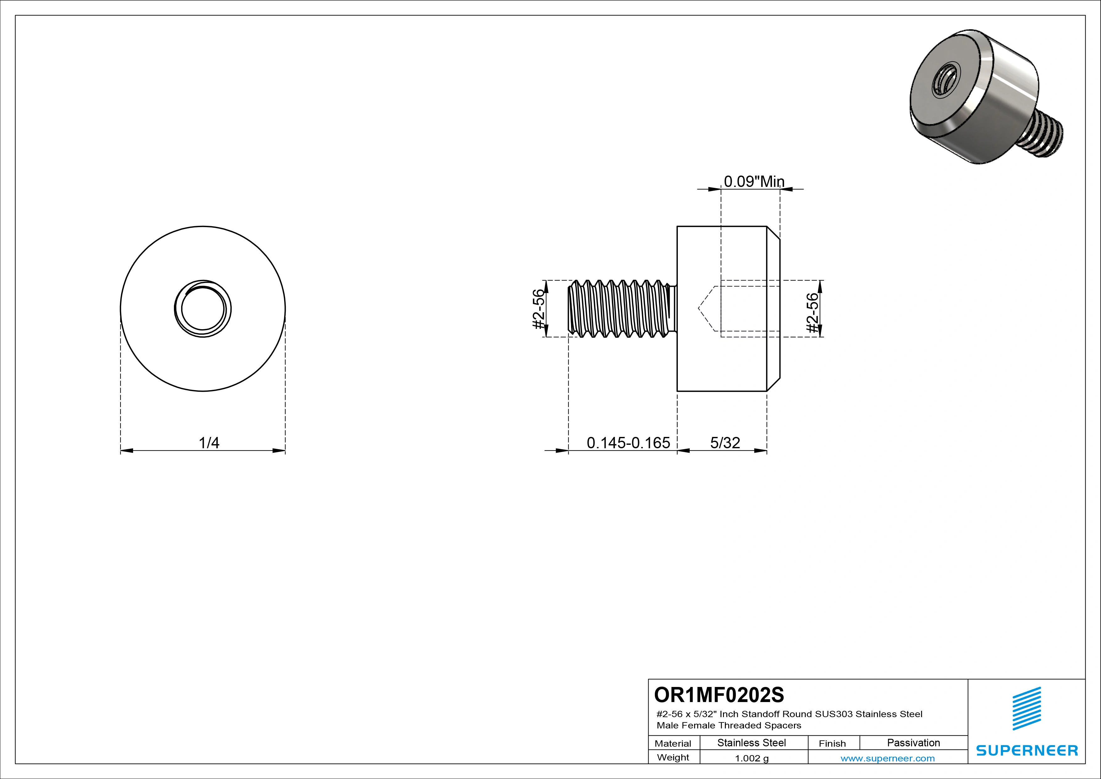 2-56 x 5/32" Inch Standoff Round SUS303 Stainless Steel Inox Male Female Threaded Spacers