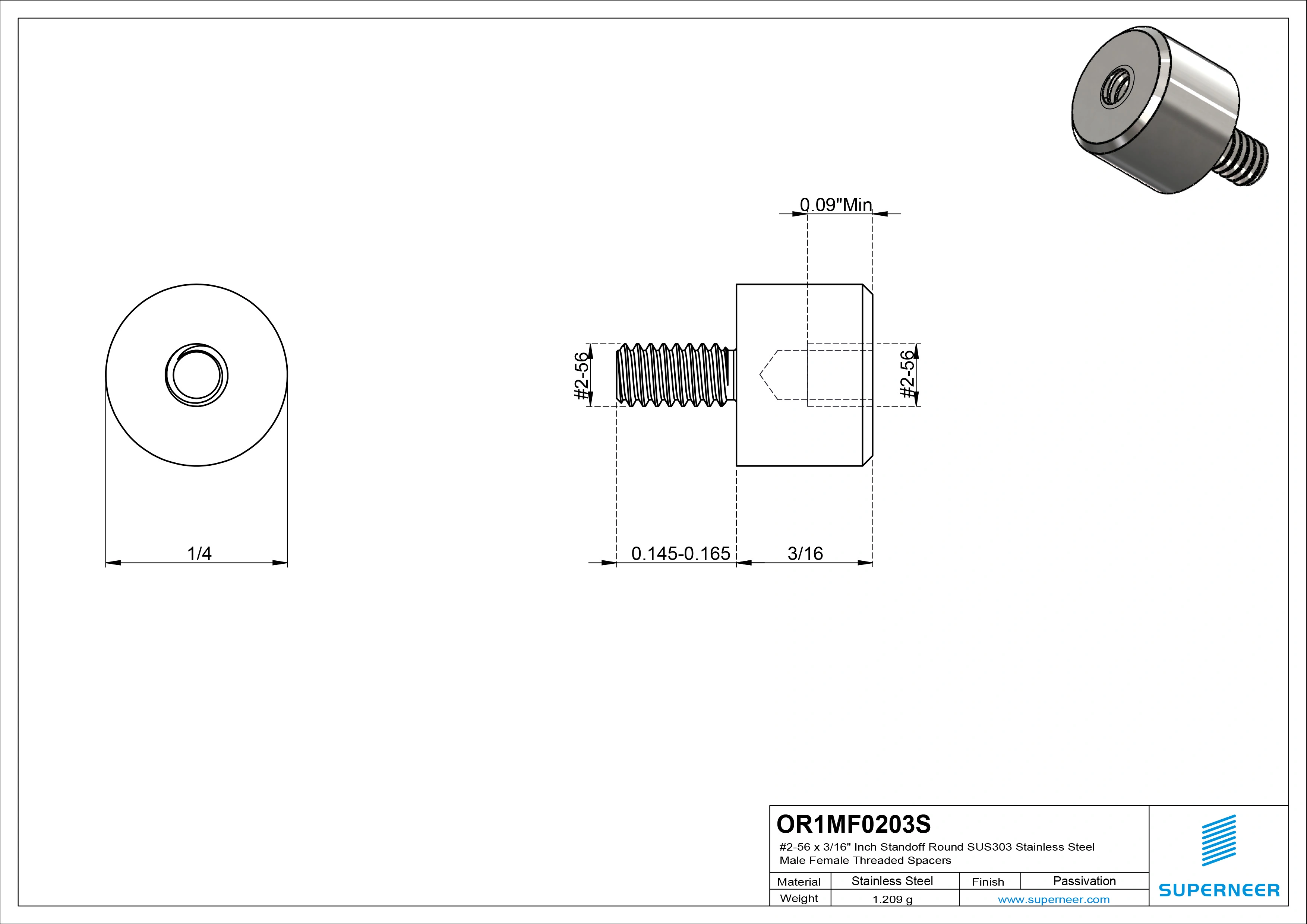 2-56 x 3/16" Inch Standoff Round SUS303 Stainless Steel Inox Male Female Threaded Spacers