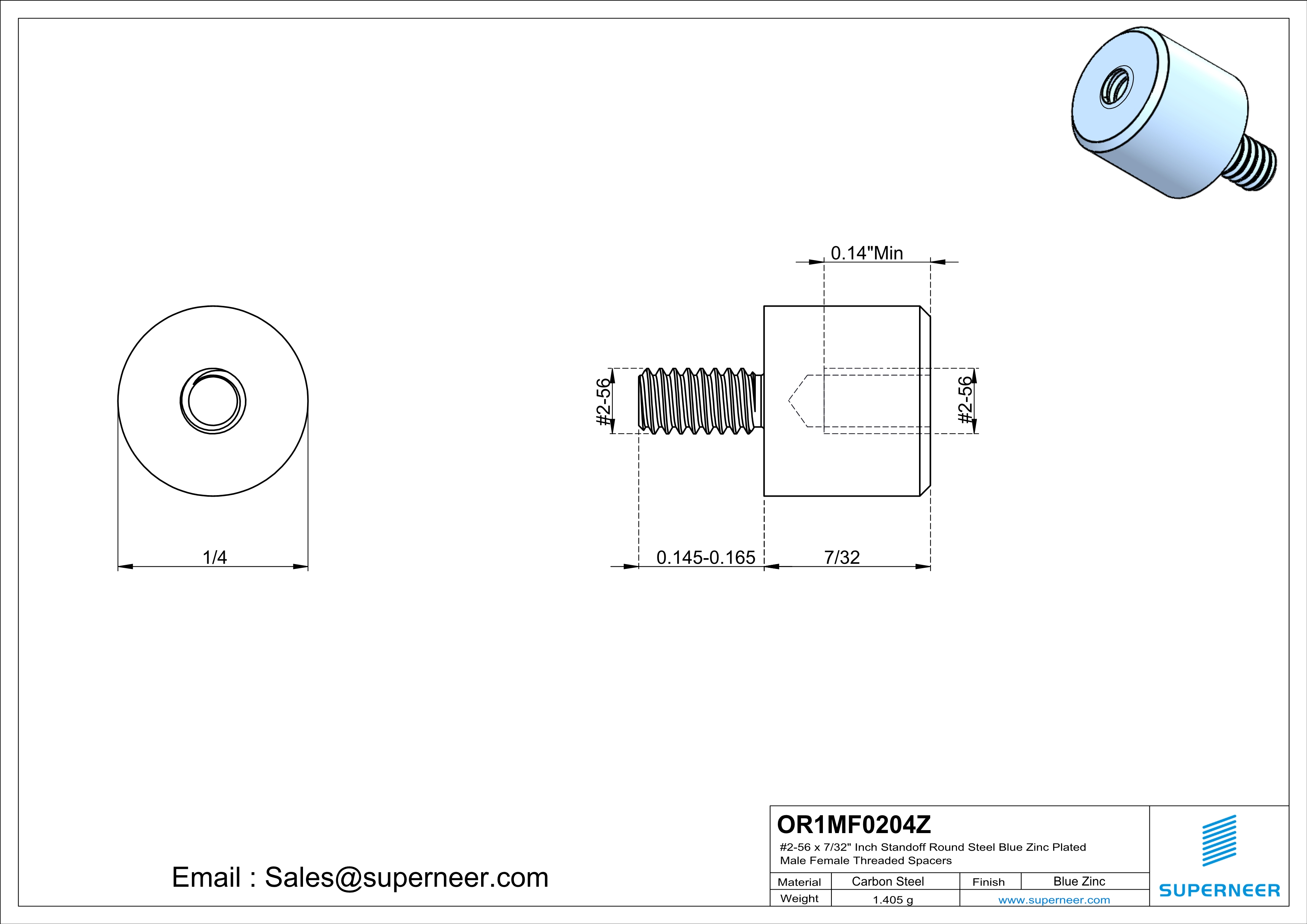 2-56 x 7/32" Inch Standoff Round Steel Blue Zinc Plated Male Female Threaded Spacers