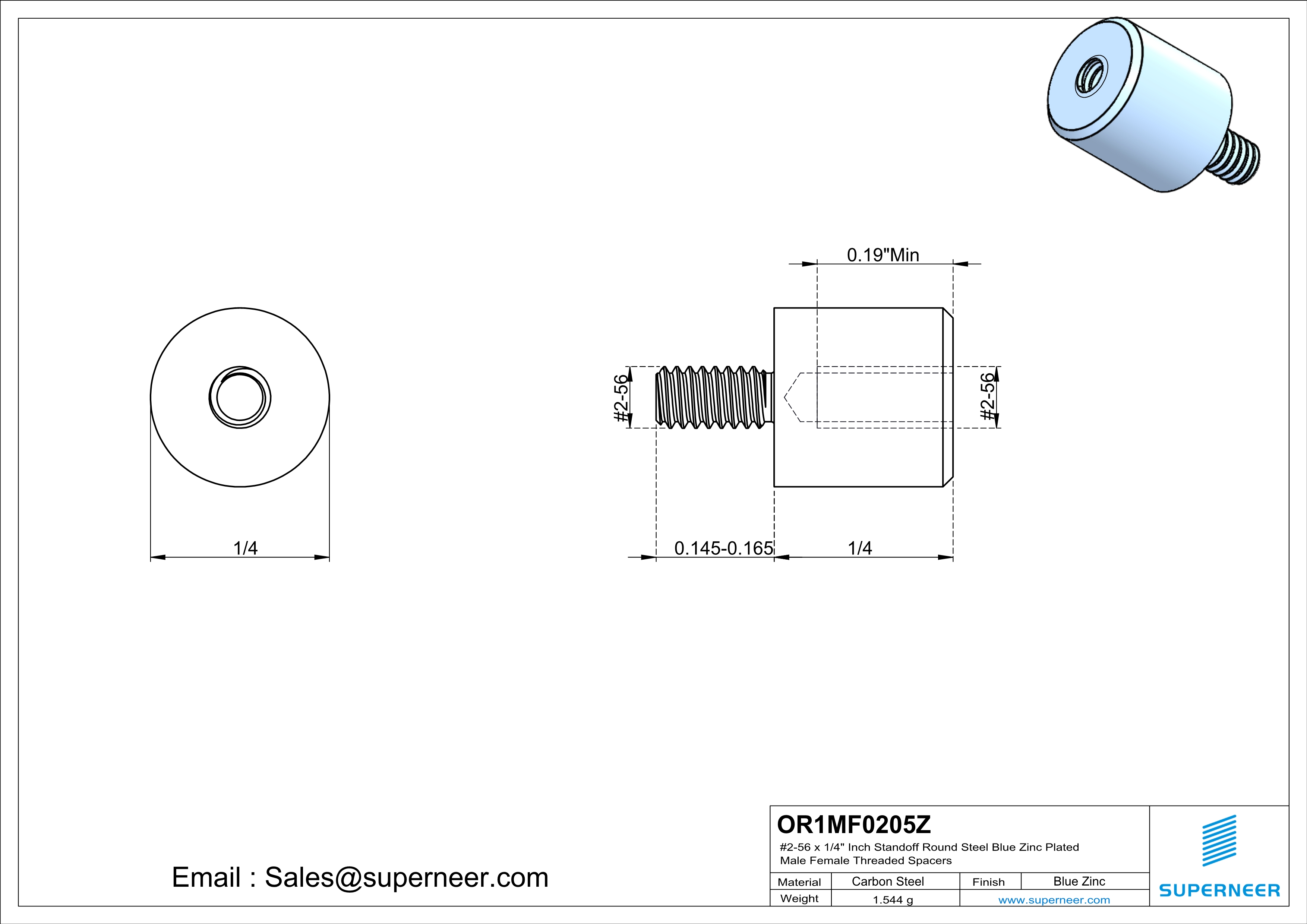 2-56 x 1/4" Inch Standoff Round Steel Blue Zinc Plated Male Female Threaded Spacers