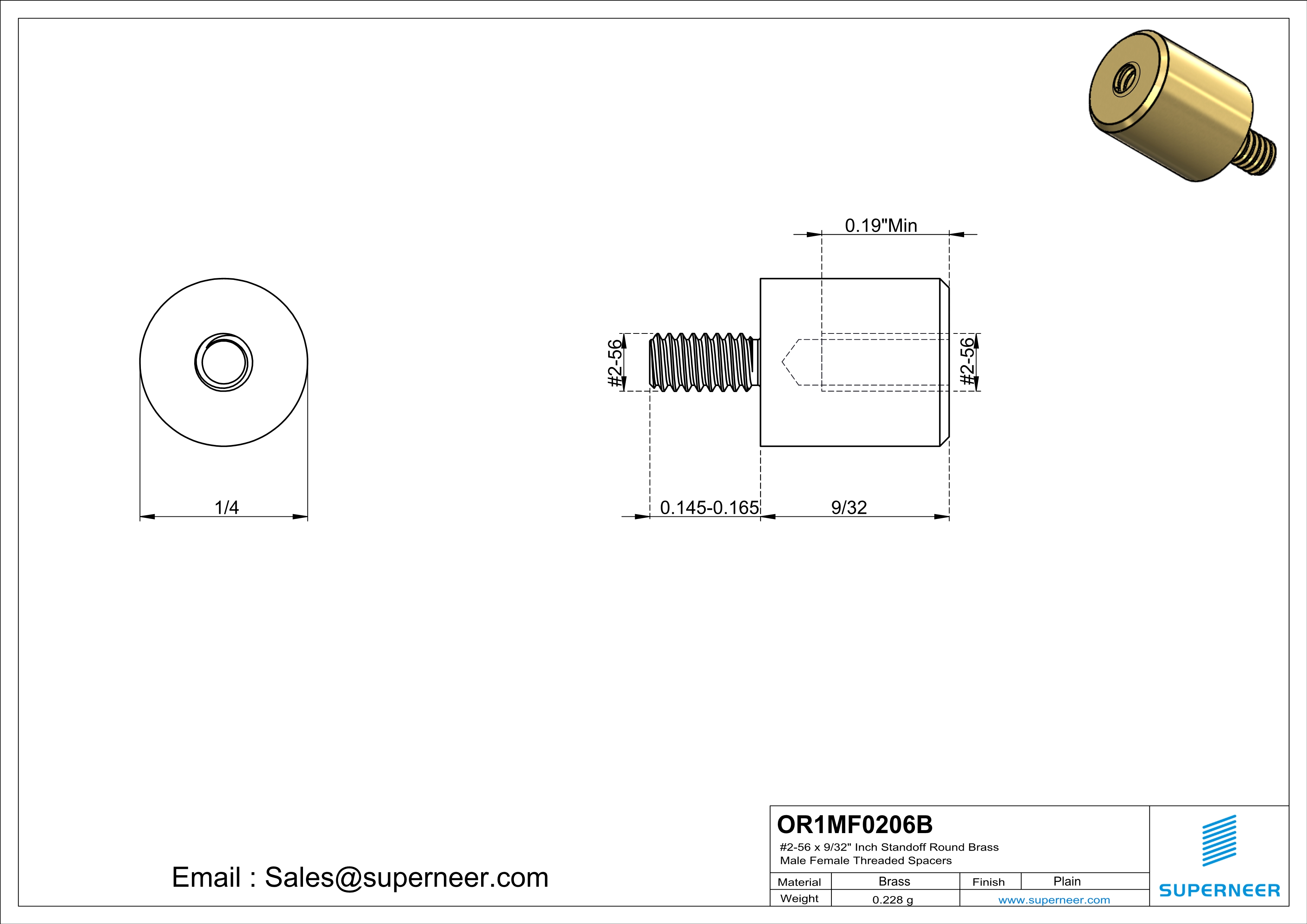 2-56 x 9/32" Inch Standoff  Round Brass Male Female Threaded Spacers