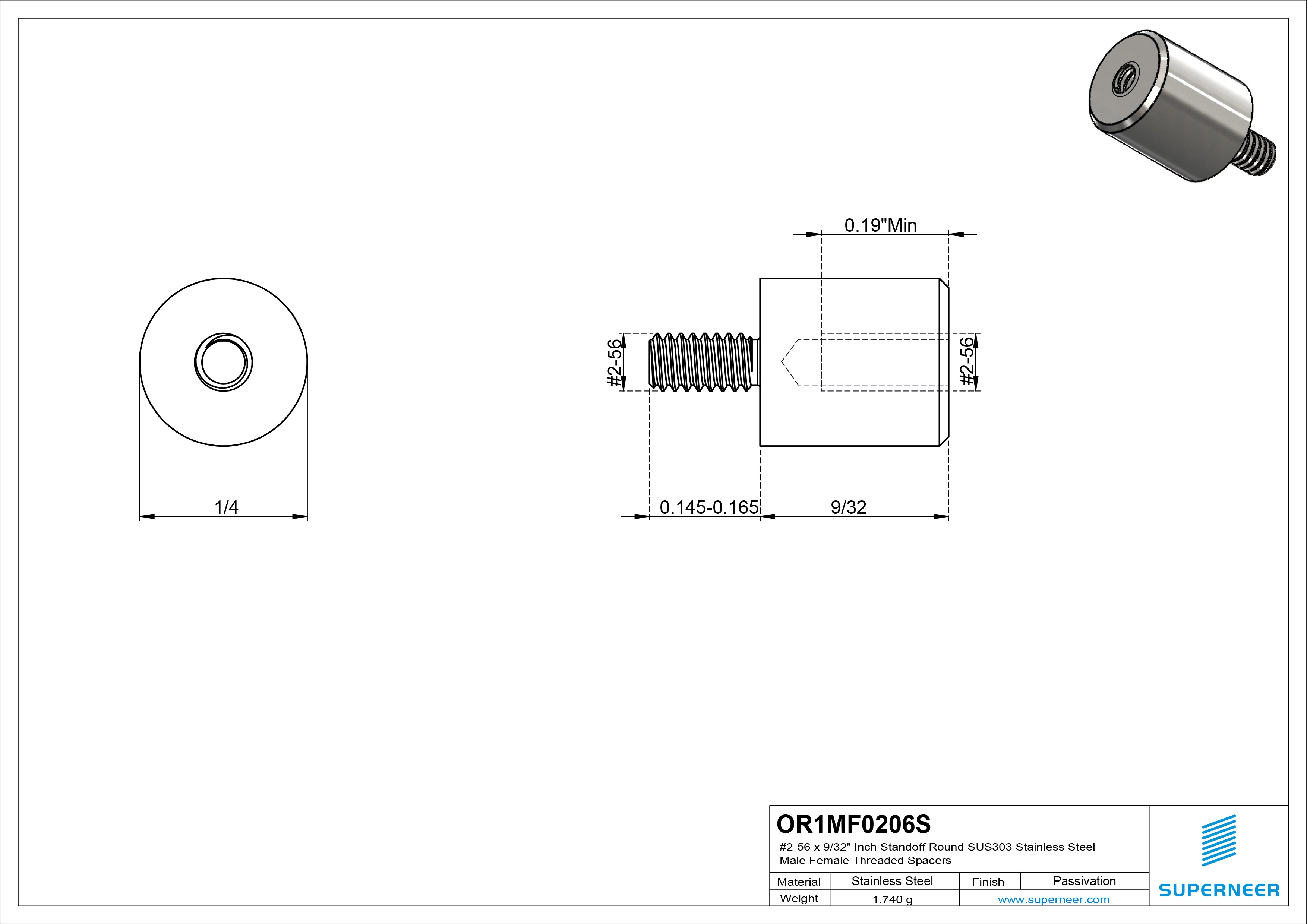 2-56 x 9/32" Inch Standoff Round SUS303 Stainless Steel Inox Male Female Threaded Spacers