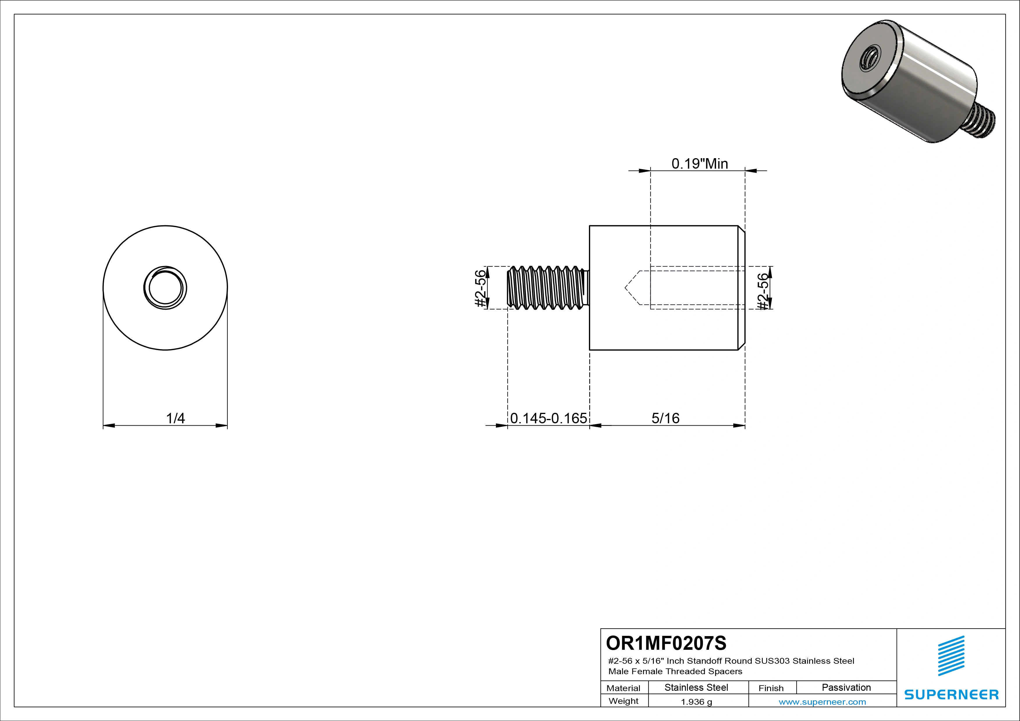 2-56 x 5/16" Inch Standoff Round SUS303 Stainless Steel Inox Male Female Threaded Spacers