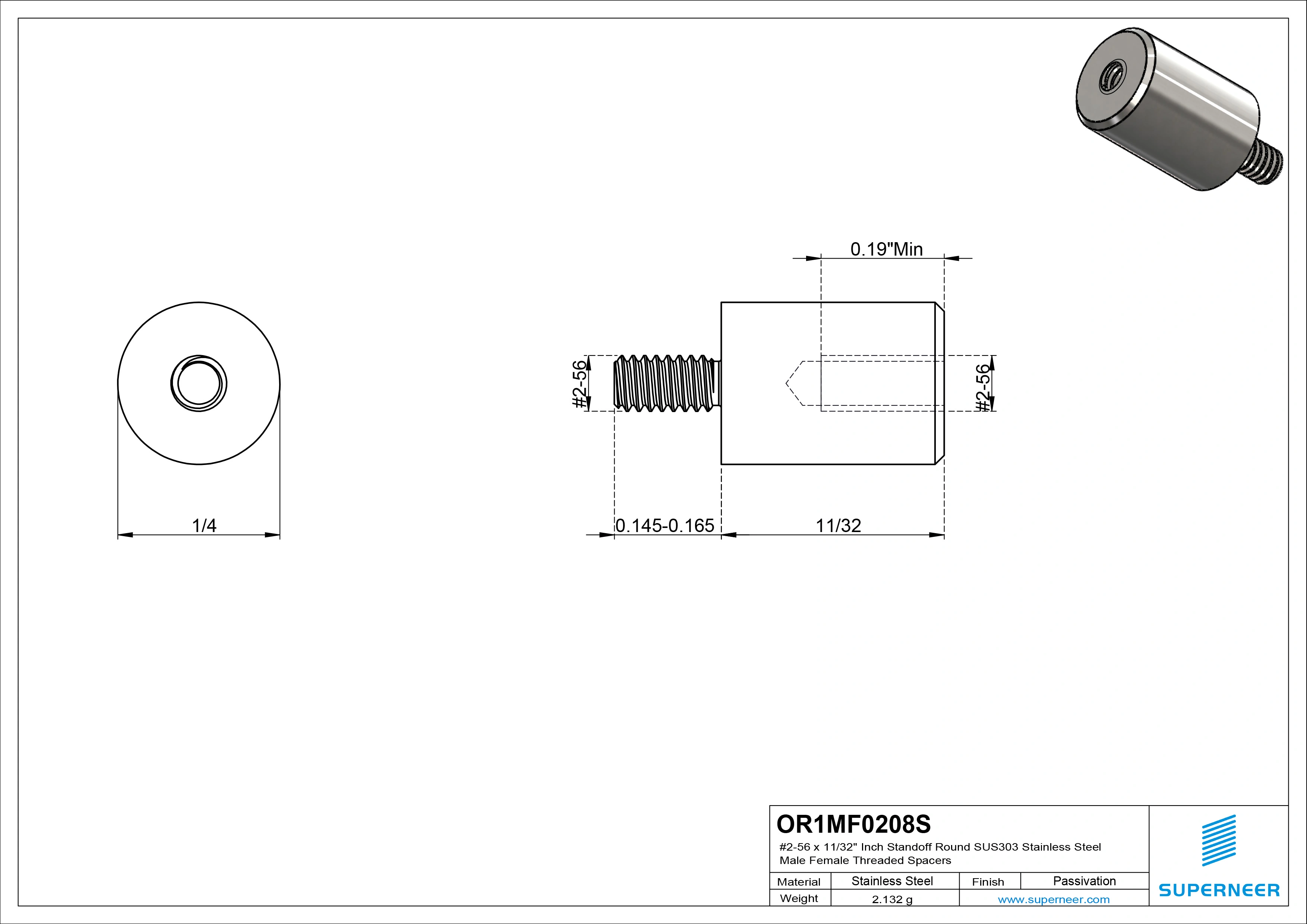 2-56 x 11/32" Inch Standoff Round SUS303 Stainless Steel Inox Male Female Threaded Spacers