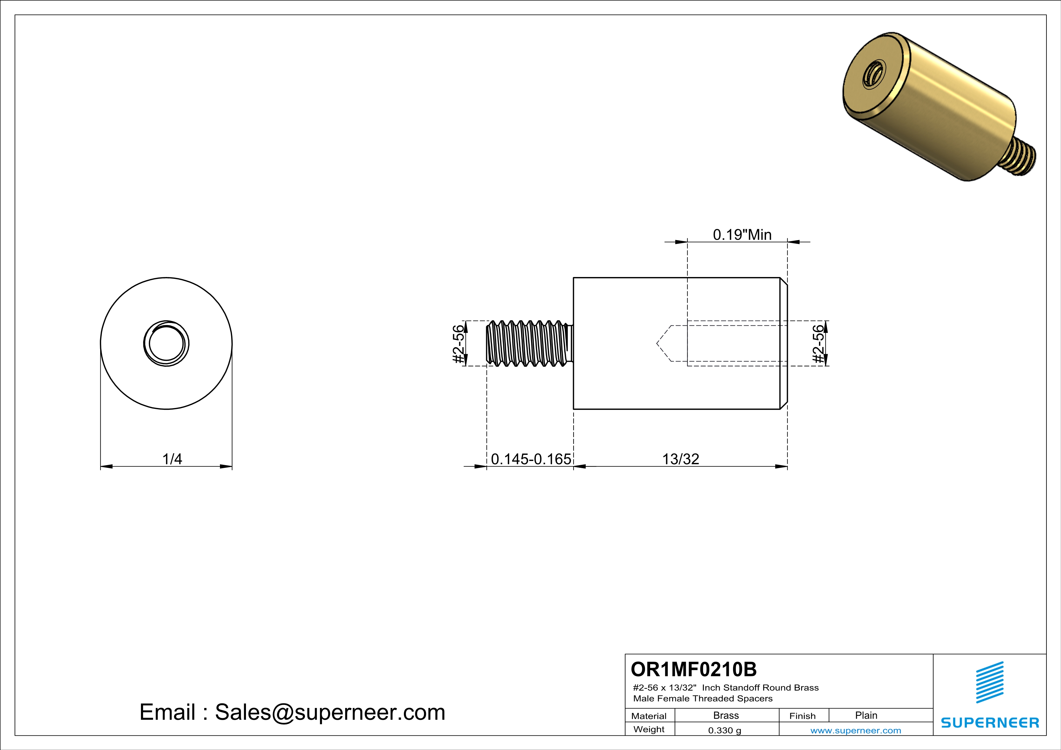 2-56 x 13/32" Inch Standoff  Round Brass Male Female Threaded Spacers