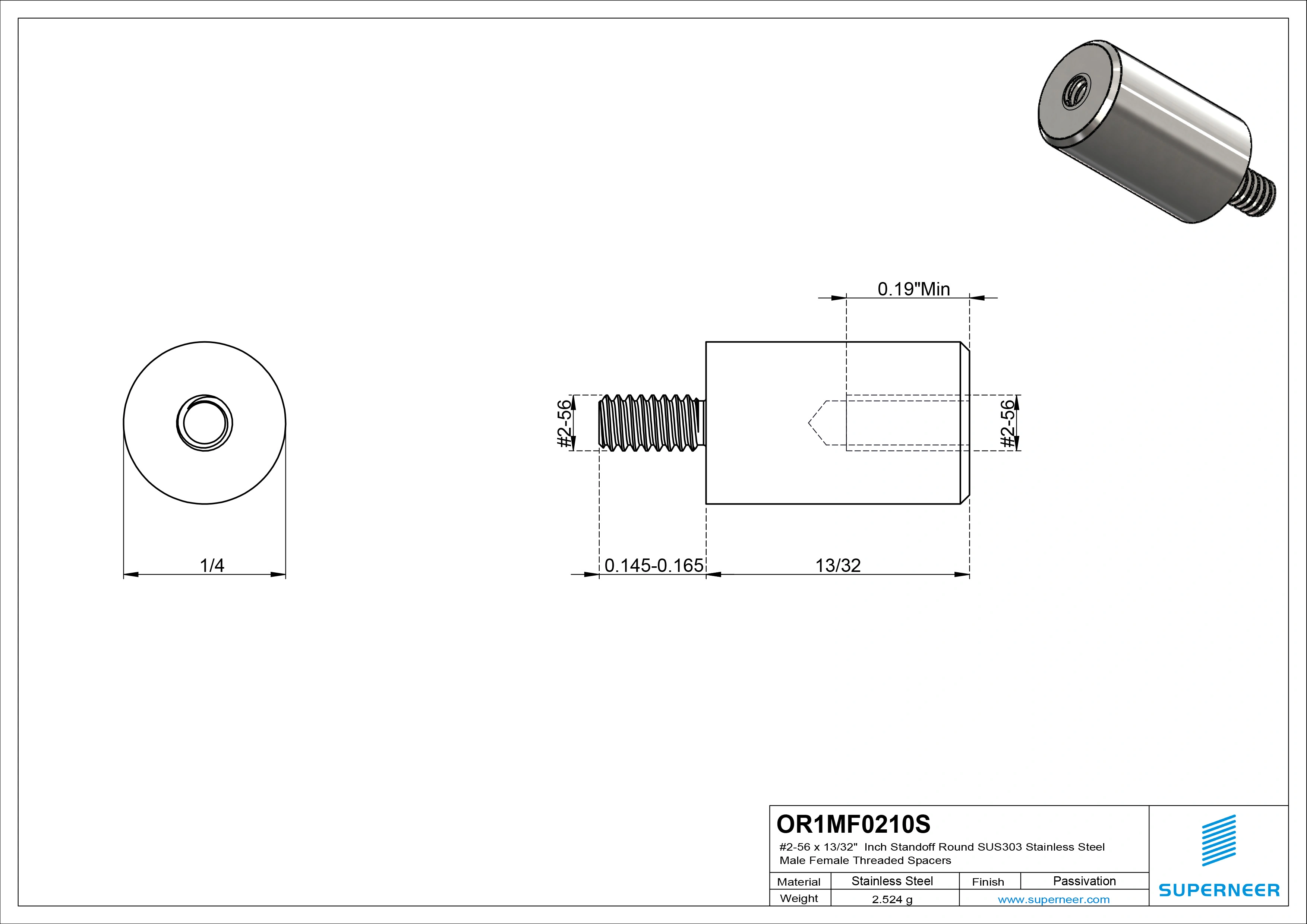 2-56 x 13/32" Inch Standoff Round SUS303 Stainless Steel Inox Male Female Threaded Spacers