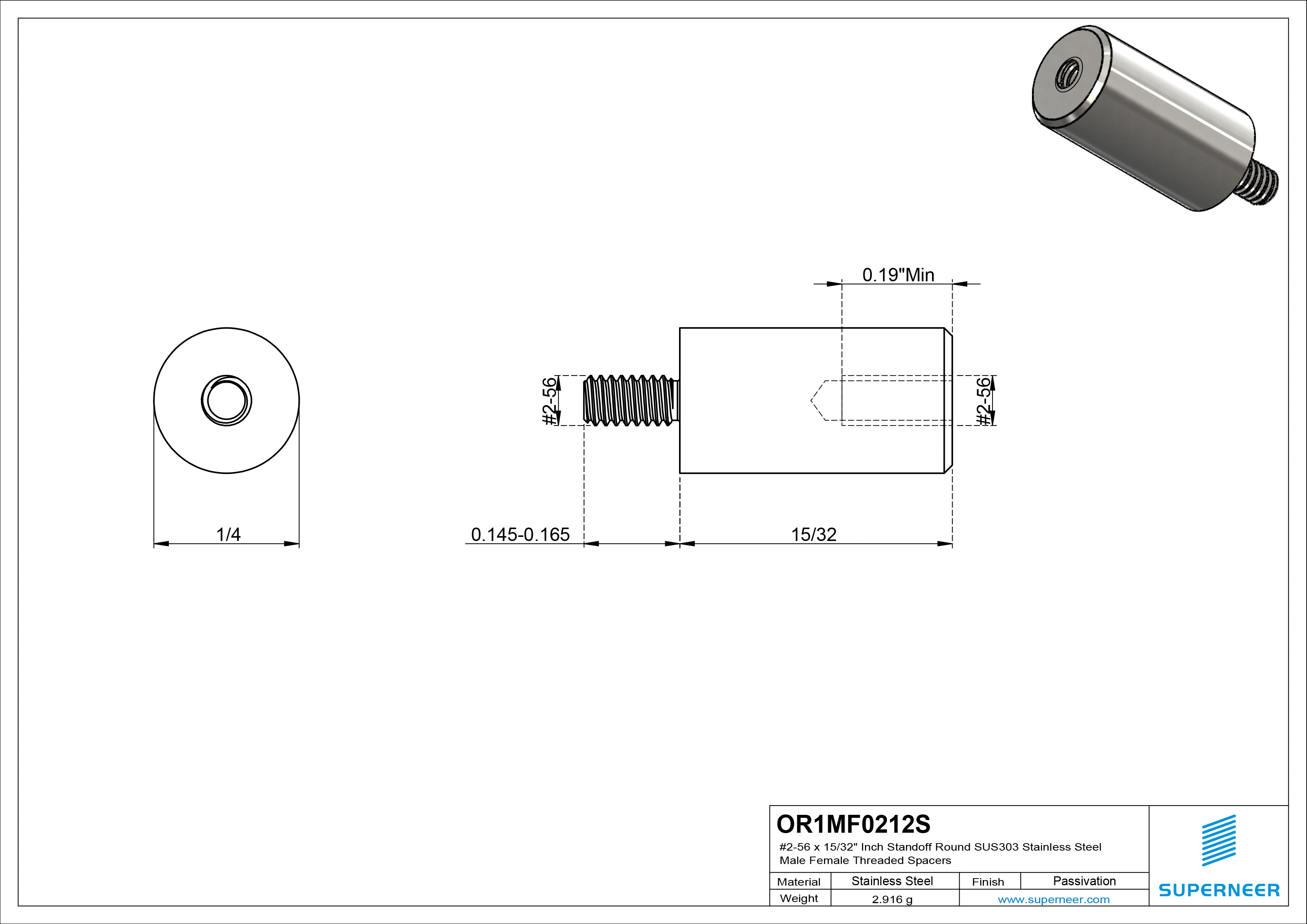 2-56 x 15/32" Inch Standoff Round SUS303 Stainless Steel Inox Male Female Threaded Spacers