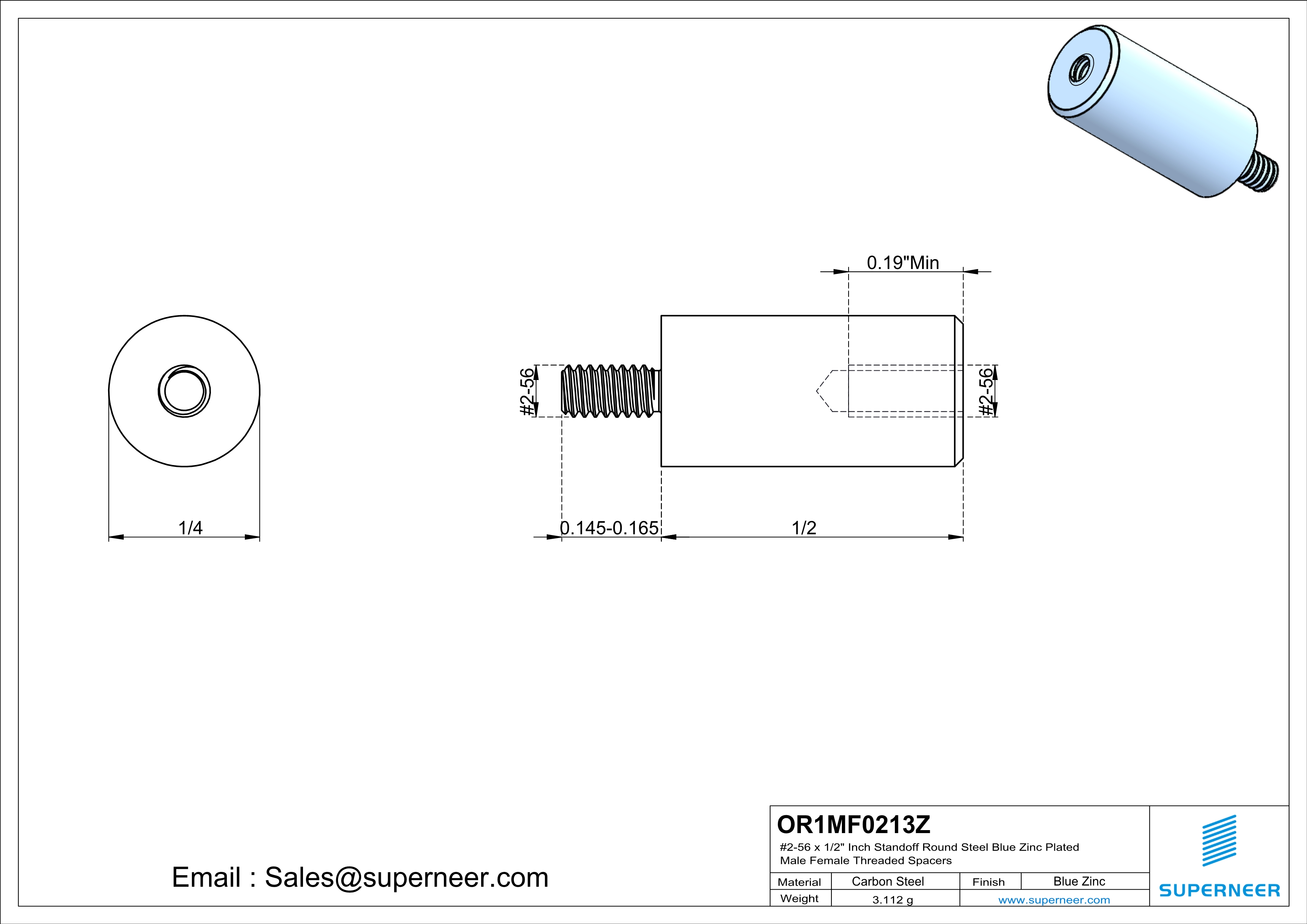 2-56 x 1/2" Inch Standoff Round Steel Blue Zinc Plated Male Female Threaded Spacers