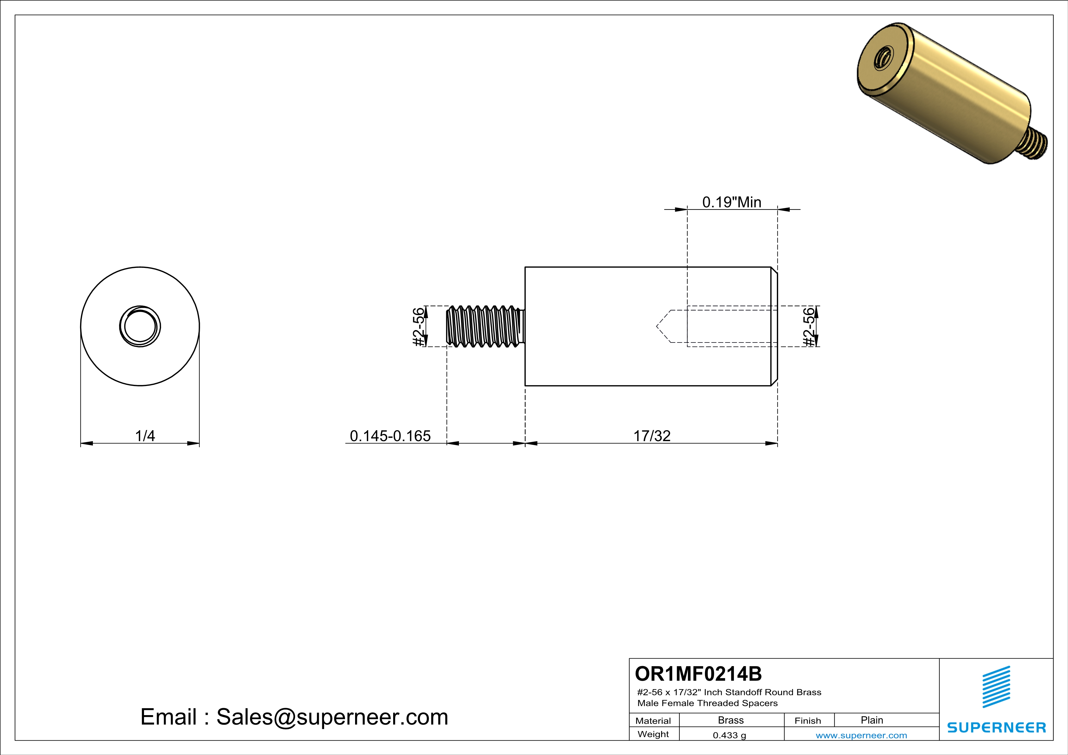 2-56 x 17/32" Inch Standoff  Round Brass Male Female Threaded Spacers