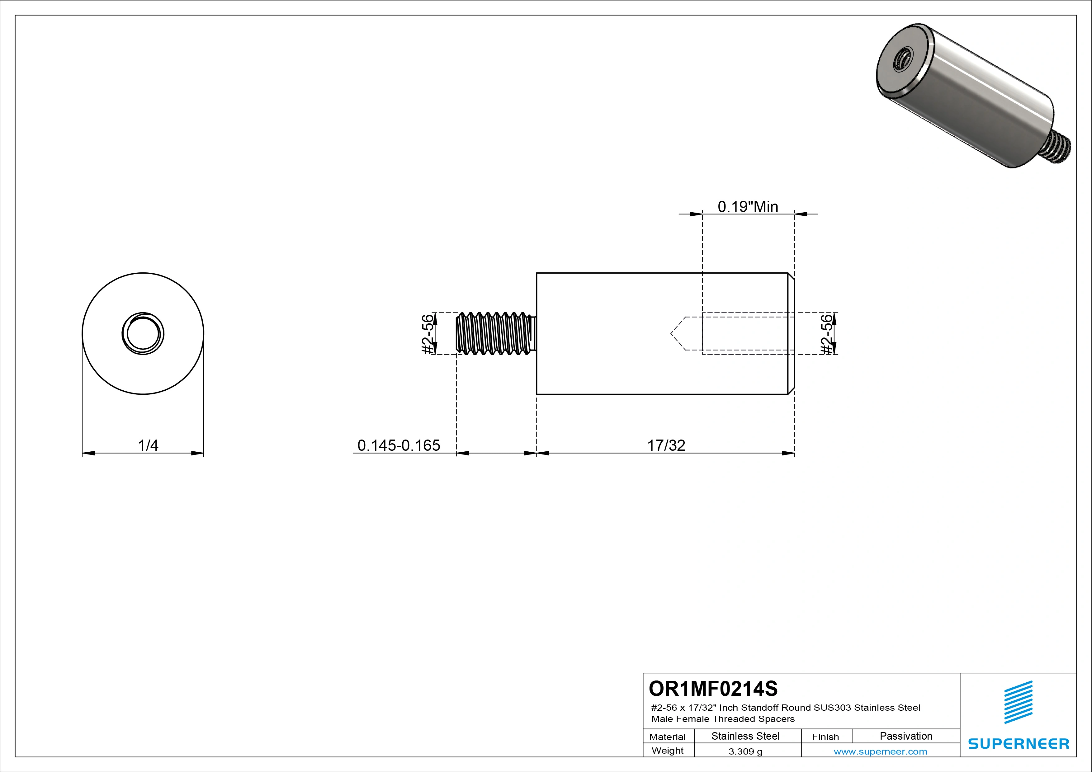 2-56 x 17/32" Inch Standoff Round SUS303 Stainless Steel Inox Male Female Threaded Spacers