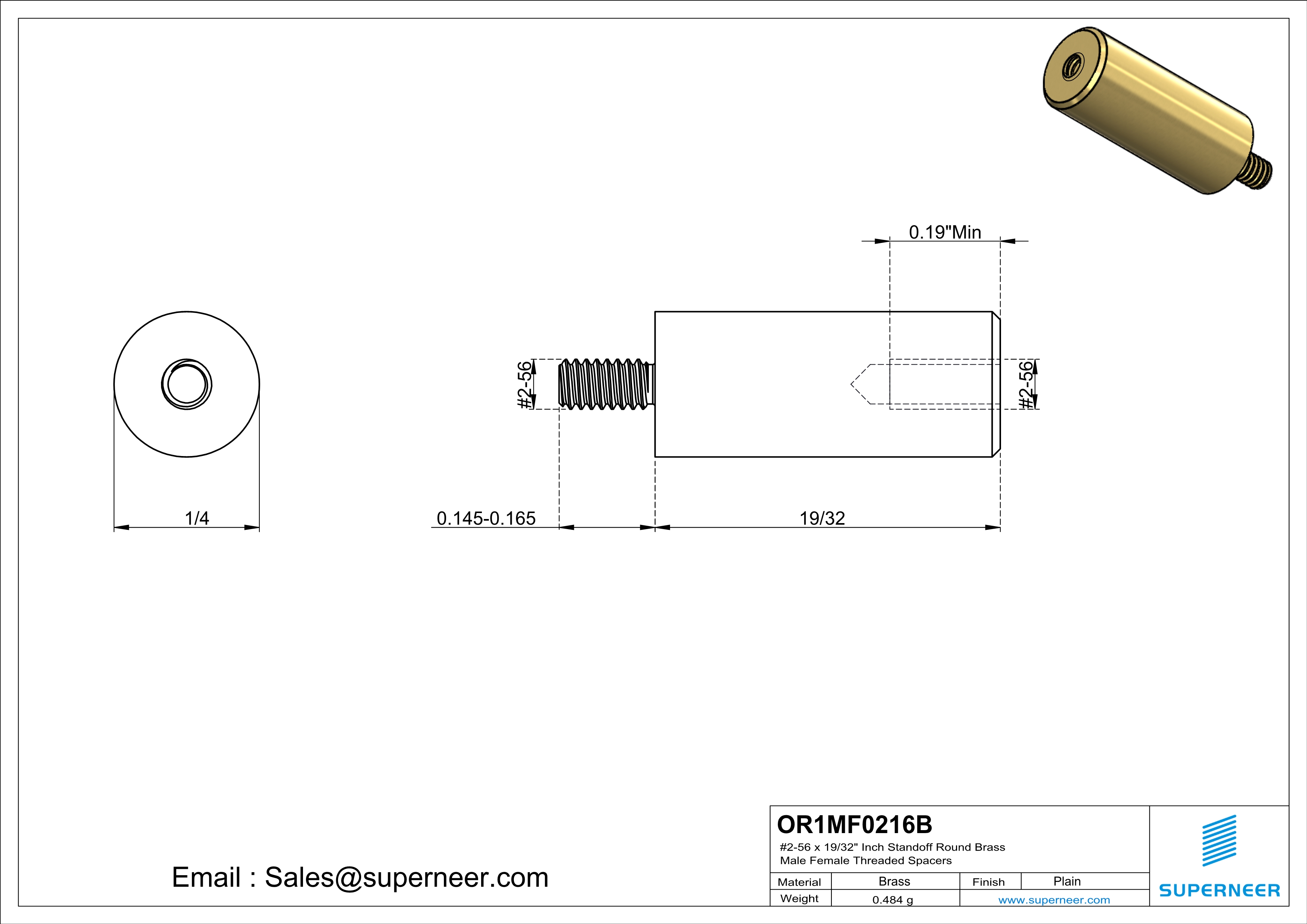 2-56 x 19/32" Inch Standoff  Round Brass Male Female Threaded Spacers