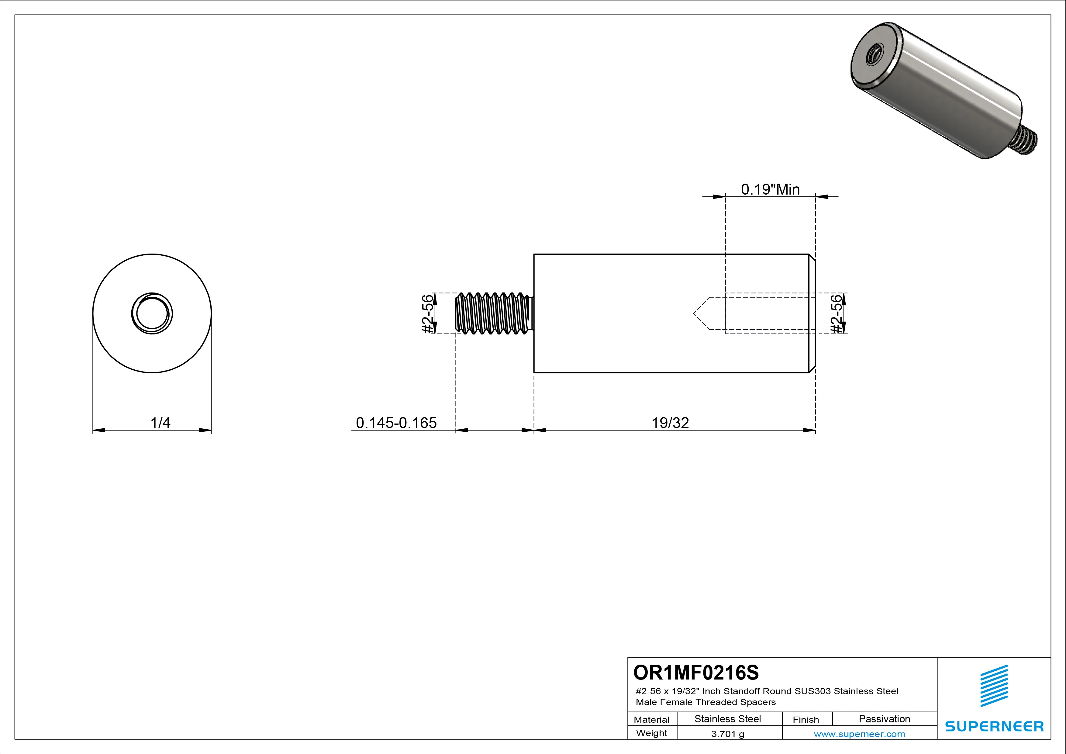 2-56 x 19/32" Inch Standoff Round SUS303 Stainless Steel Inox Male Female Threaded Spacers