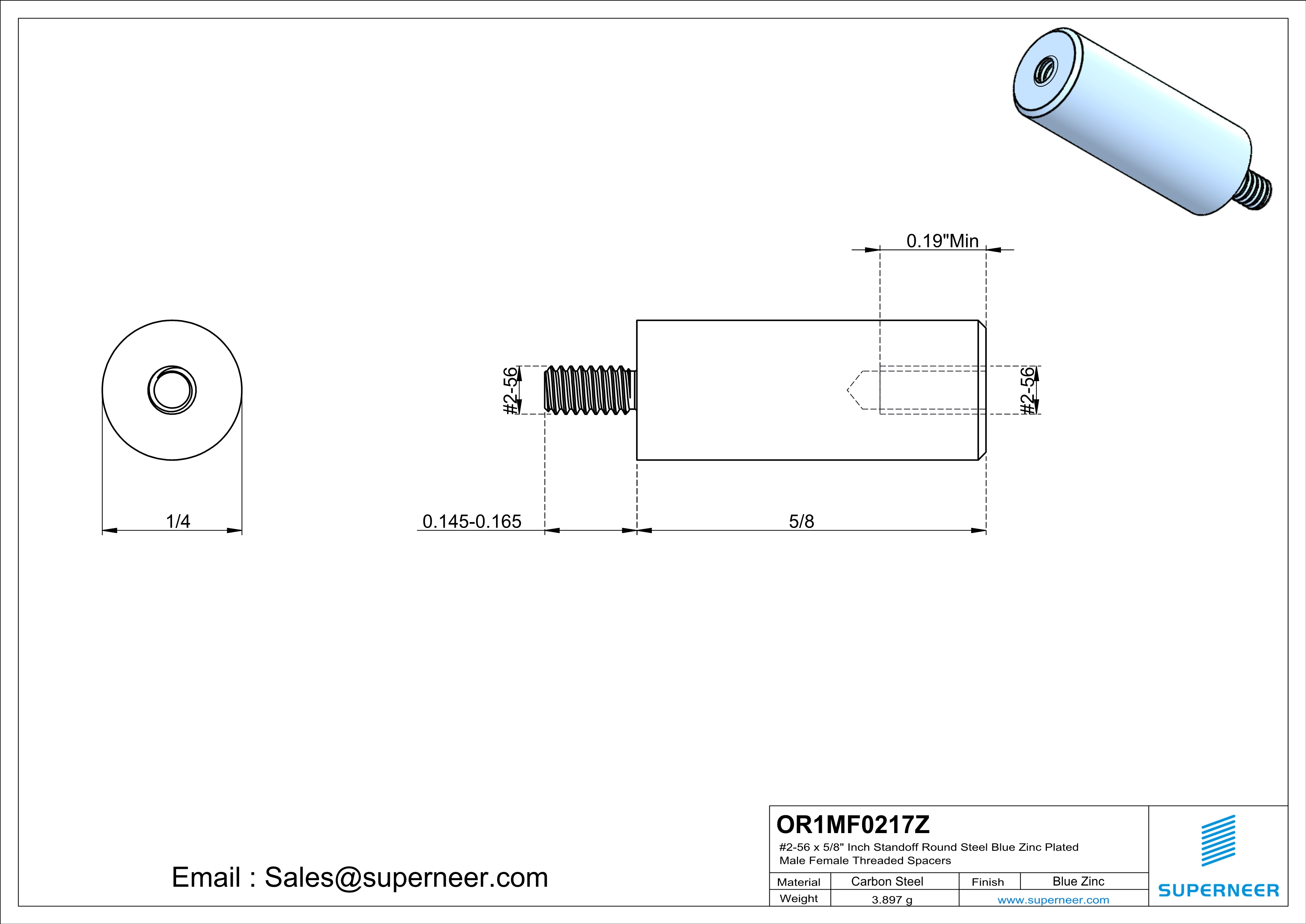 2-56 x 5/8" Inch Standoff Round Steel Blue Zinc Plated Male Female Threaded Spacers