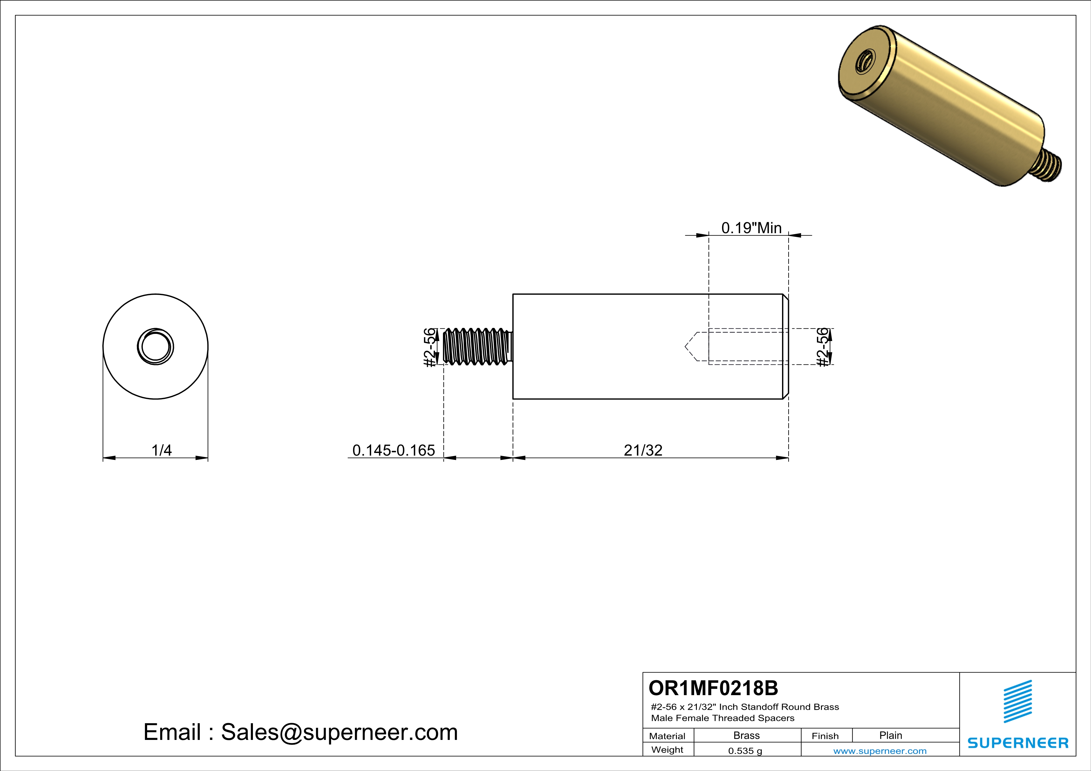 2-56 x 21/32" Inch Standoff  Round Brass Male Female Threaded Spacers