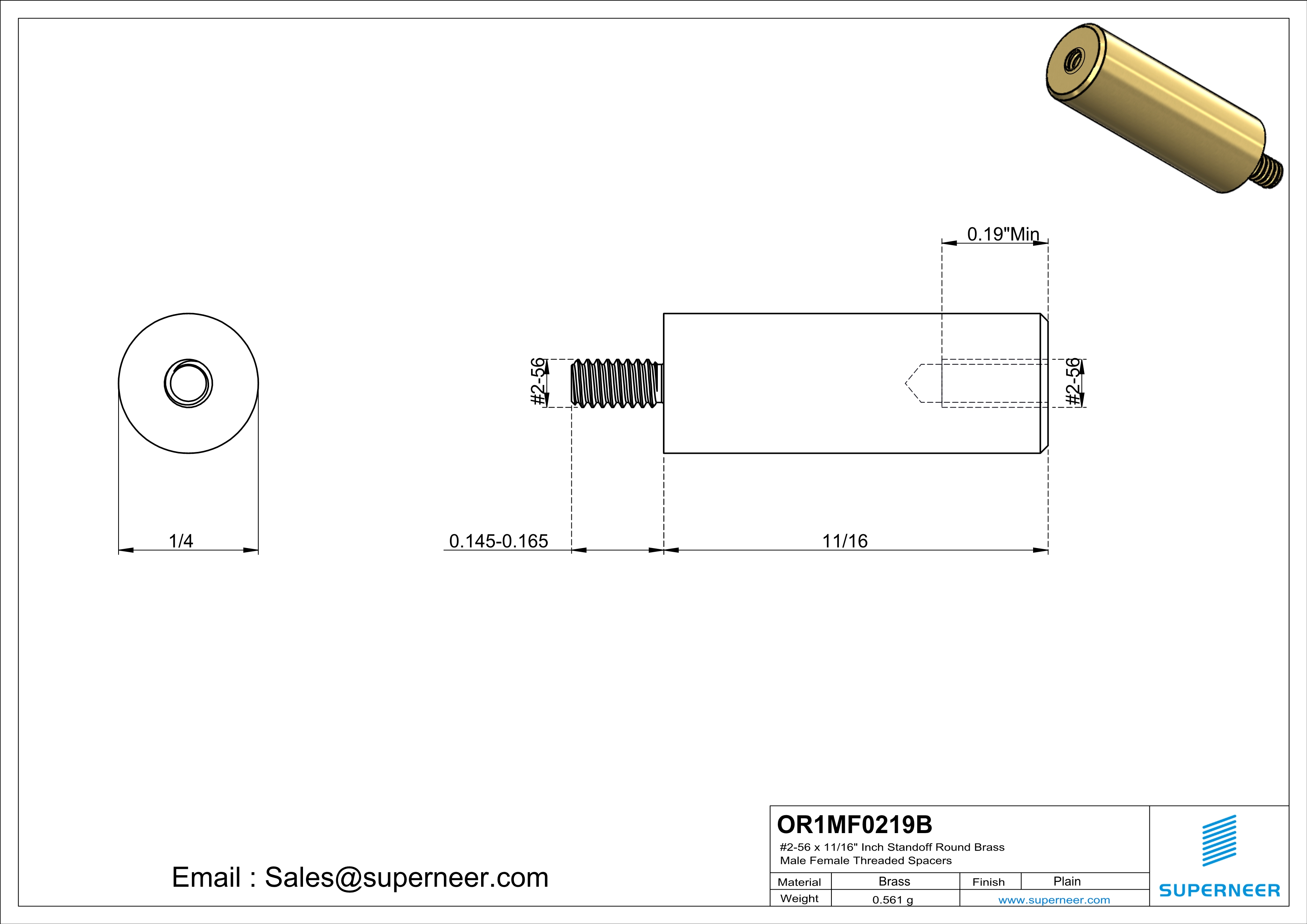 2-56 x 11/16" Inch Standoff  Round Brass Male Female Threaded Spacers