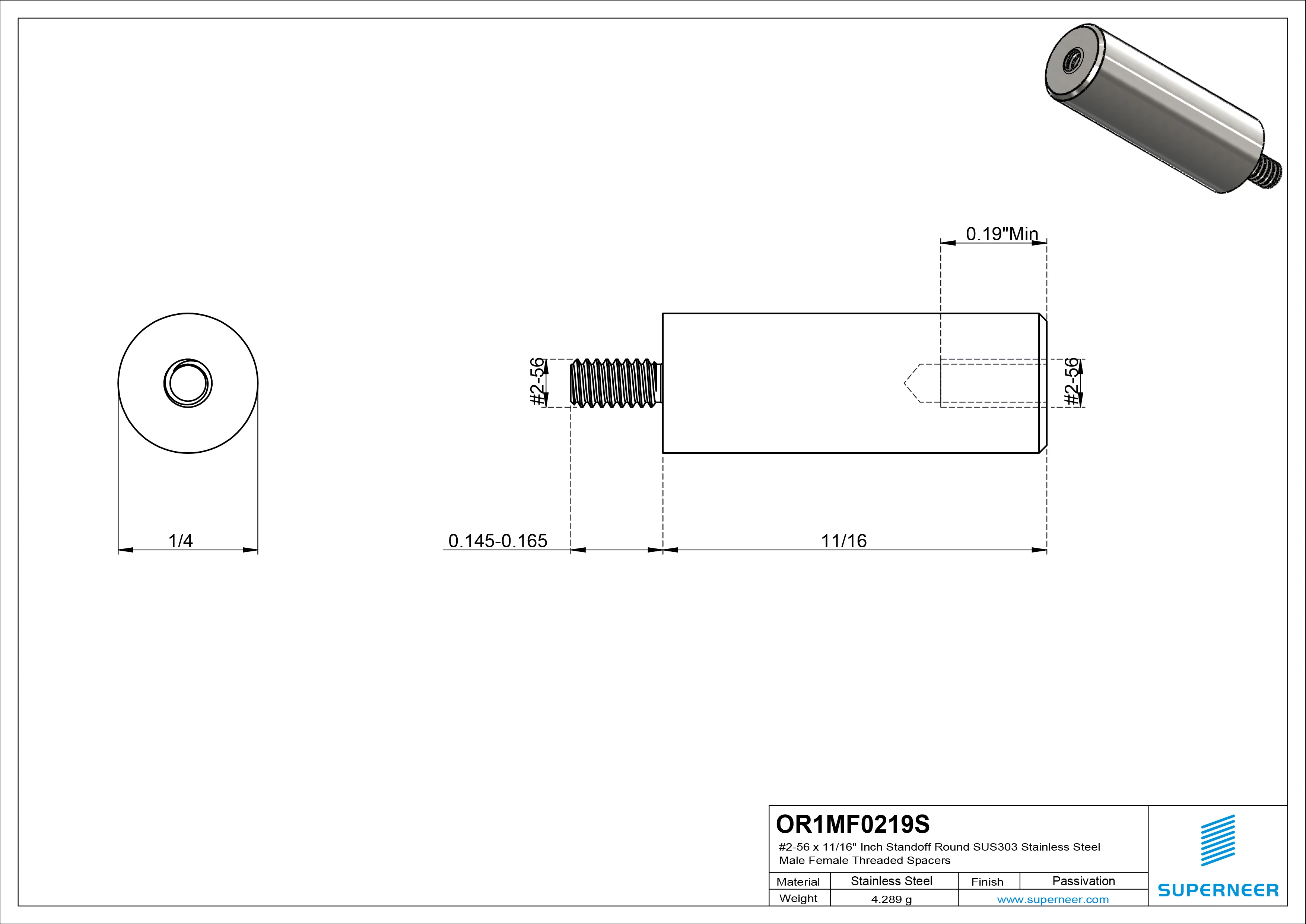 2-56 x 11/16" Inch Standoff Round SUS303 Stainless Steel Inox Male Female Threaded Spacers