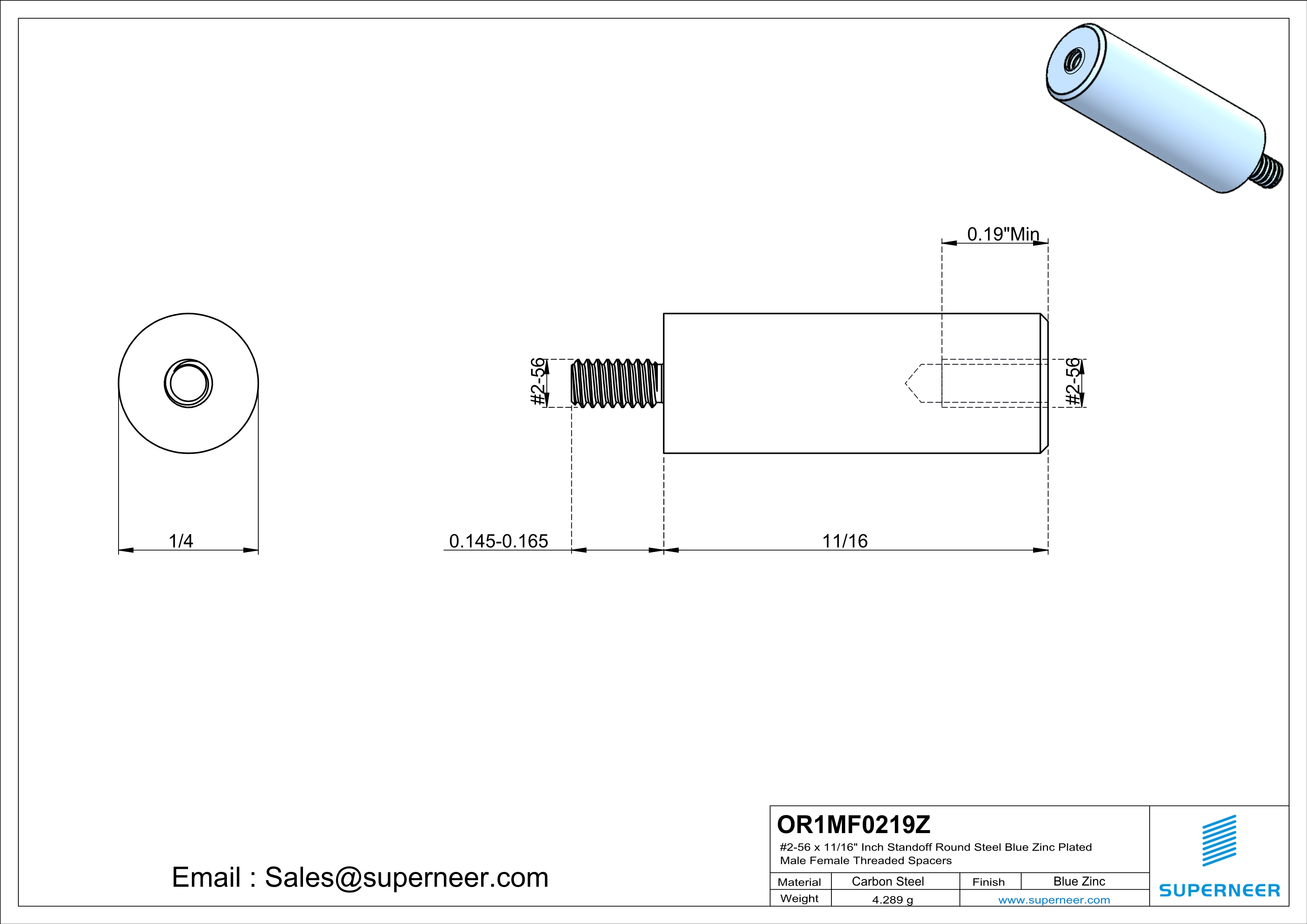 2-56 x 11/16" Inch Standoff Round Steel Blue Zinc Plated Male Female Threaded Spacers