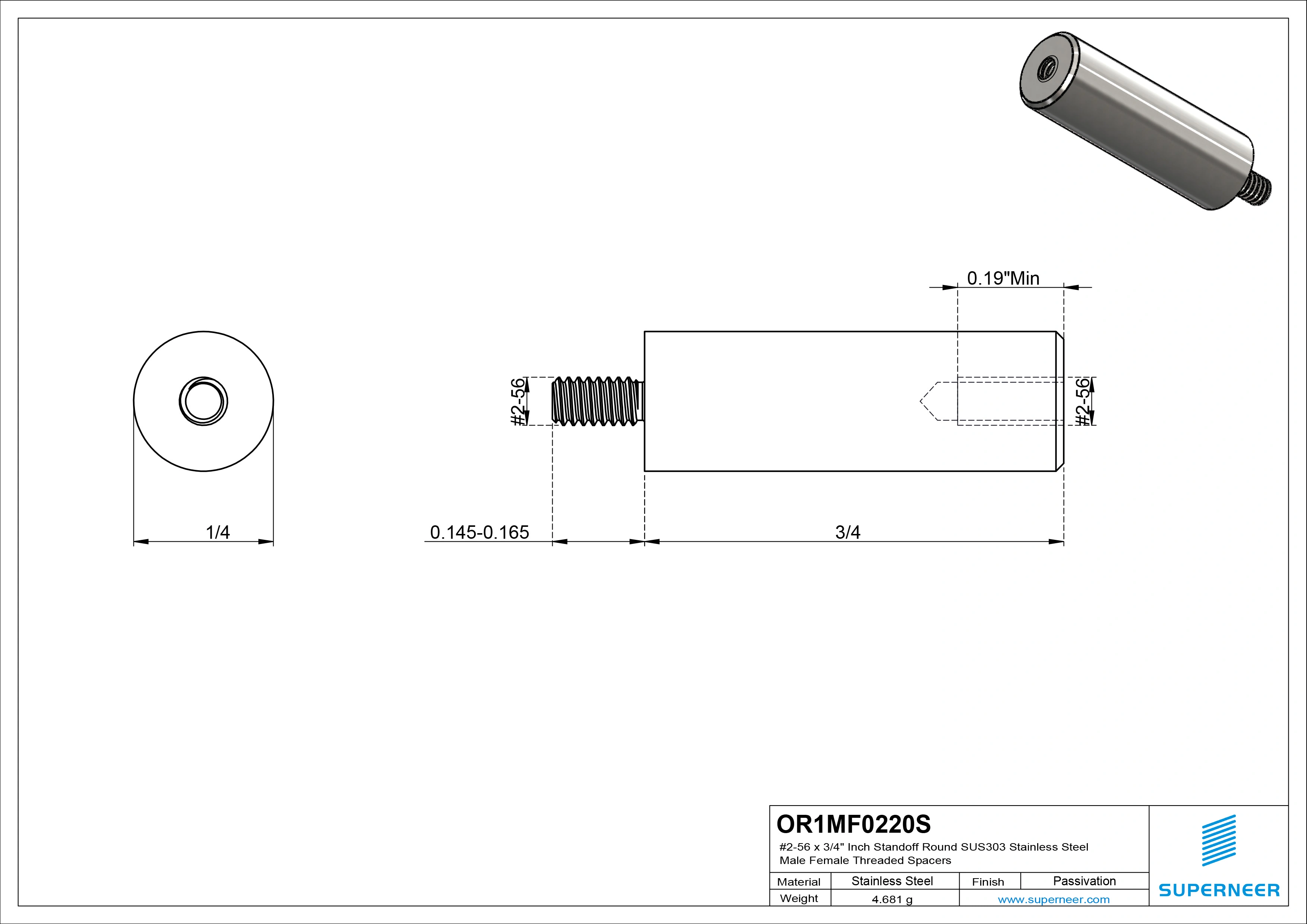 2-56 x 3/4" Inch Standoff Round SUS303 Stainless Steel Inox Male Female Threaded Spacers