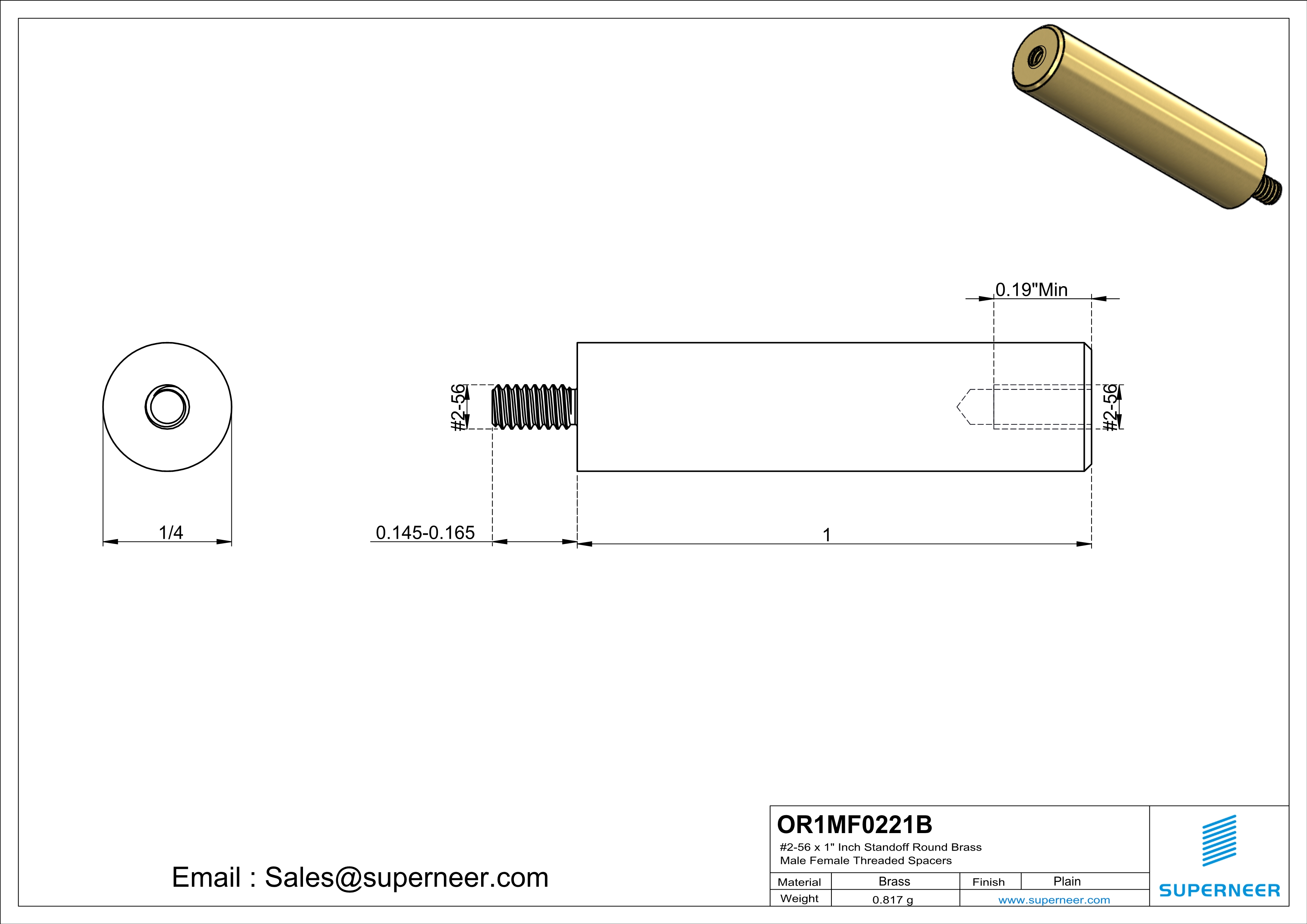 2-56 x 1"  Inch Standoff  Round Brass Male Female Threaded Spacers