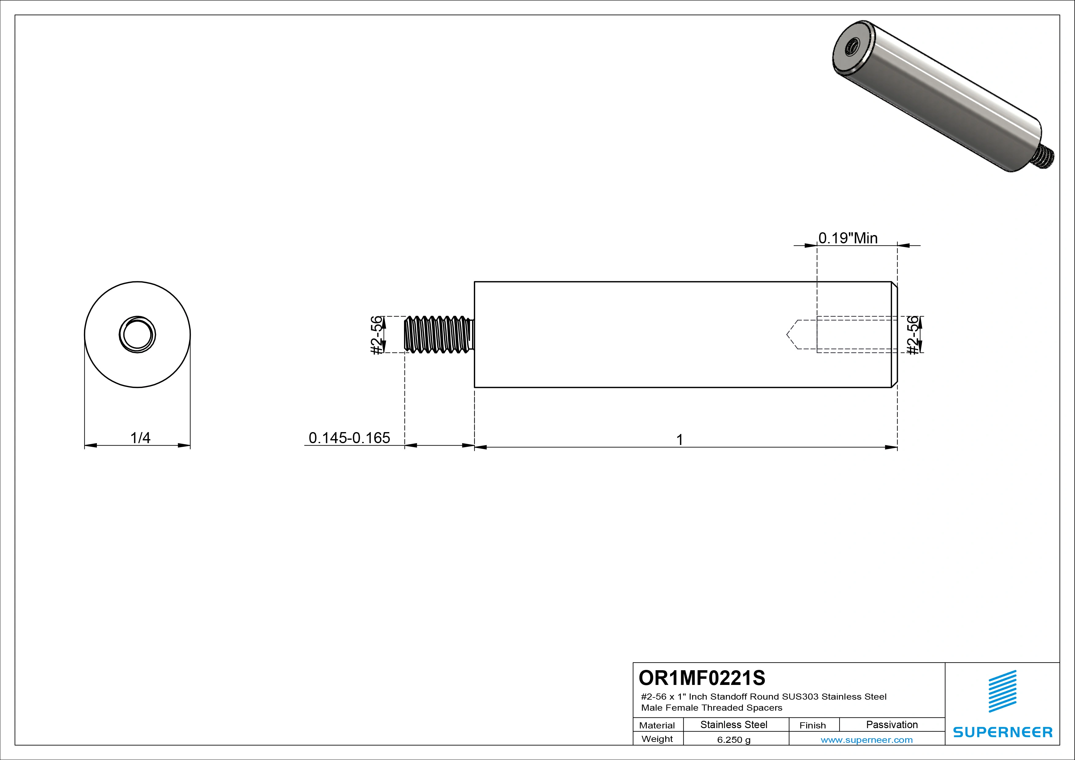 2-56 x 1" Inch Standoff Round SUS303 Stainless Steel Inox Male Female Threaded Spacers