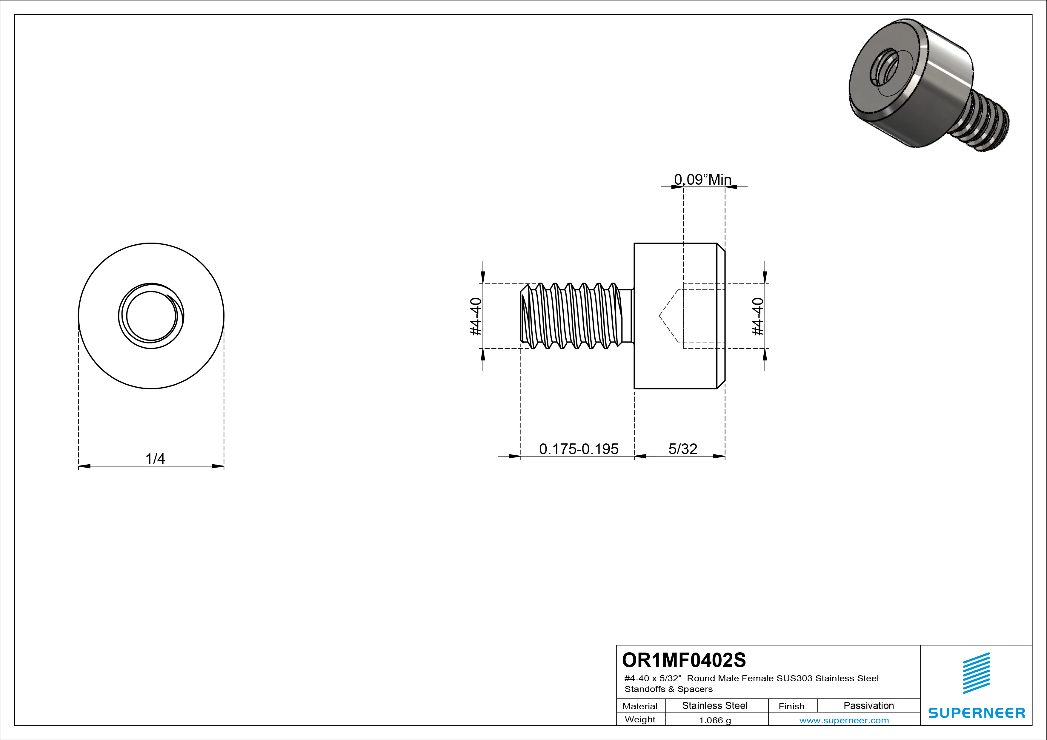 4-40 x 5/32" Round Male Female SUS303 Stainless Steel Inox Standoffs & Spacers