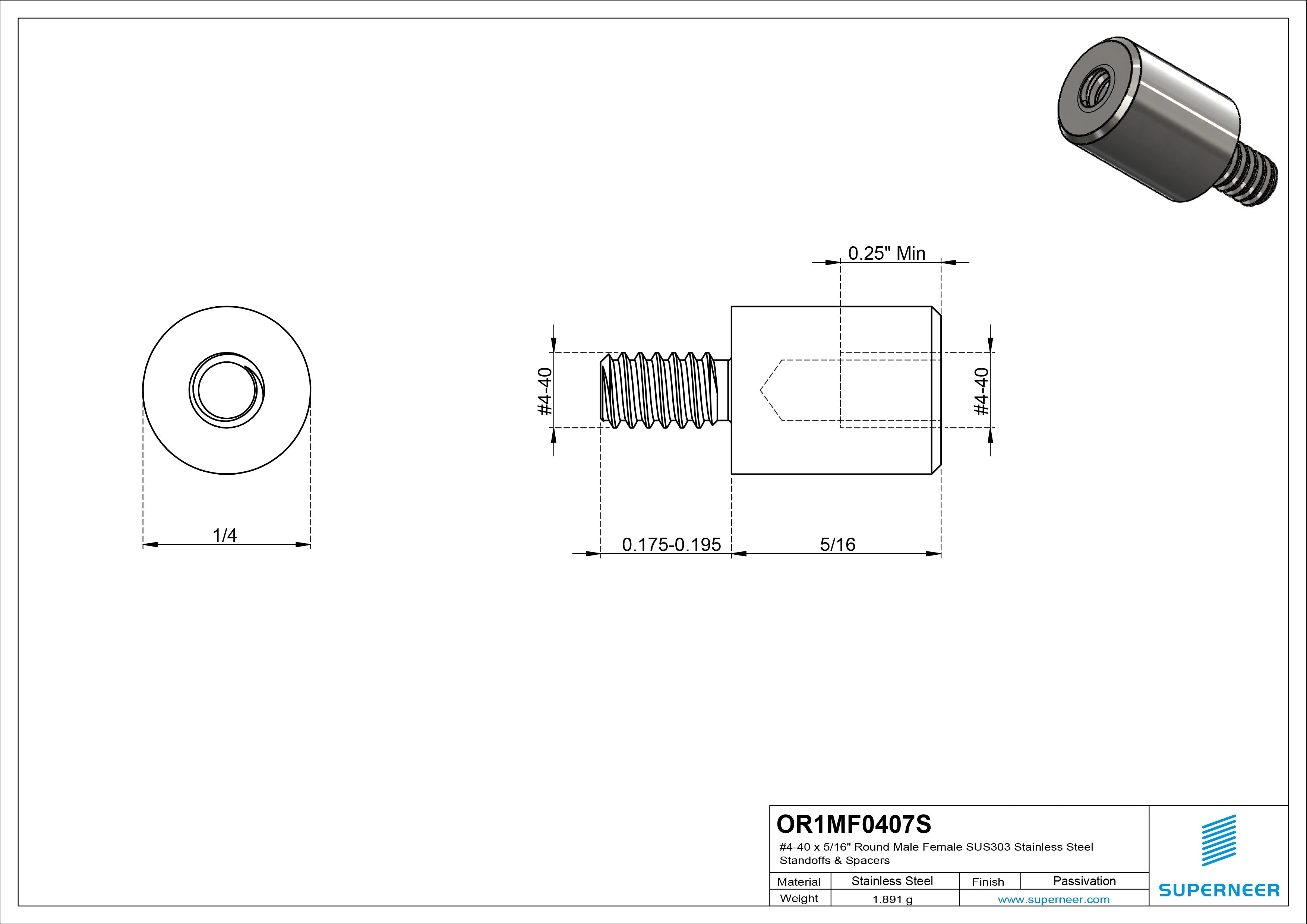 4-40 x 5/16" Round Male Female SUS303 Stainless Steel Inox Standoffs & Spacers