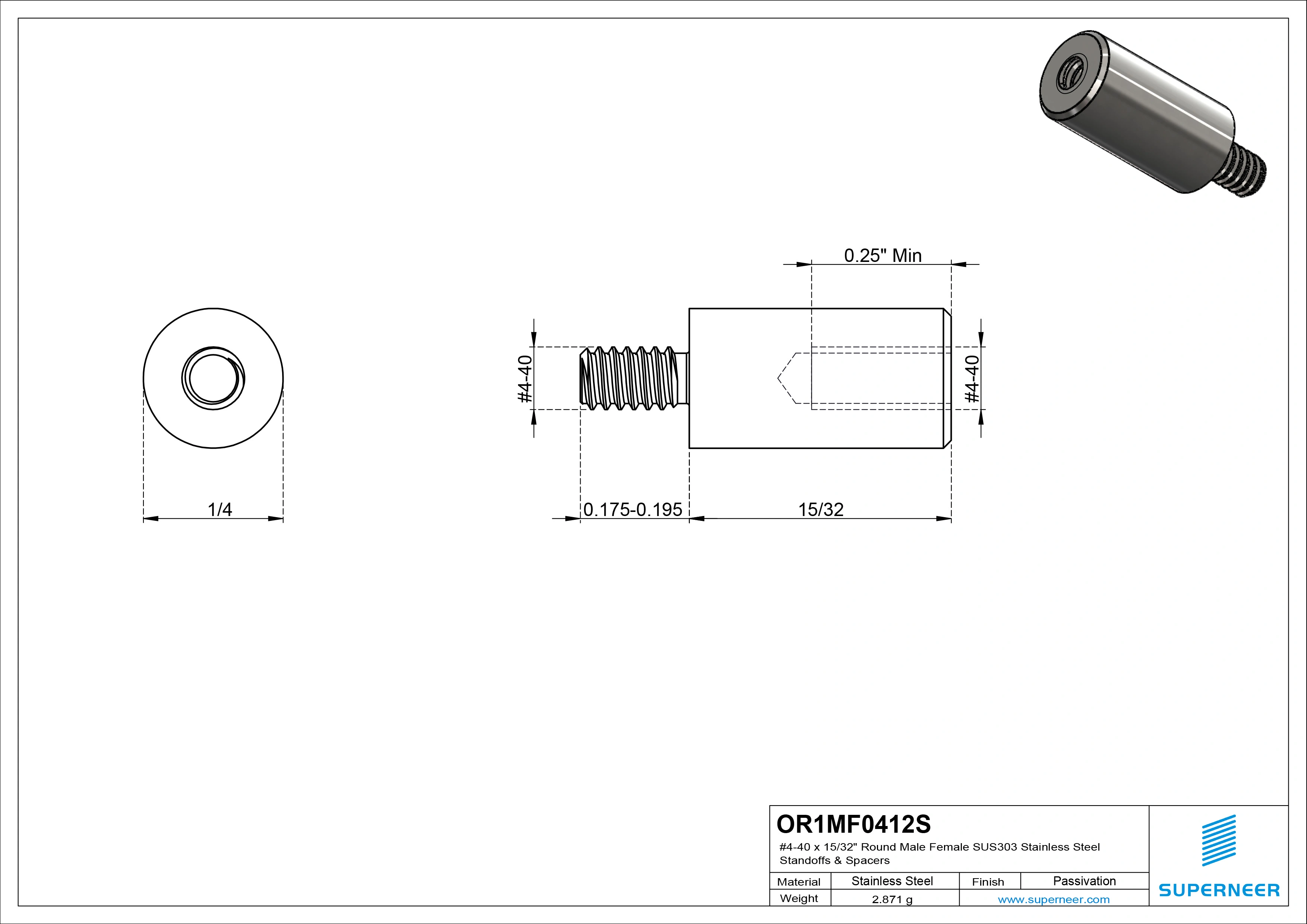 4-40 x 15/32" Round Male Female SUS303 Stainless Steel Inox Standoffs & Spacers