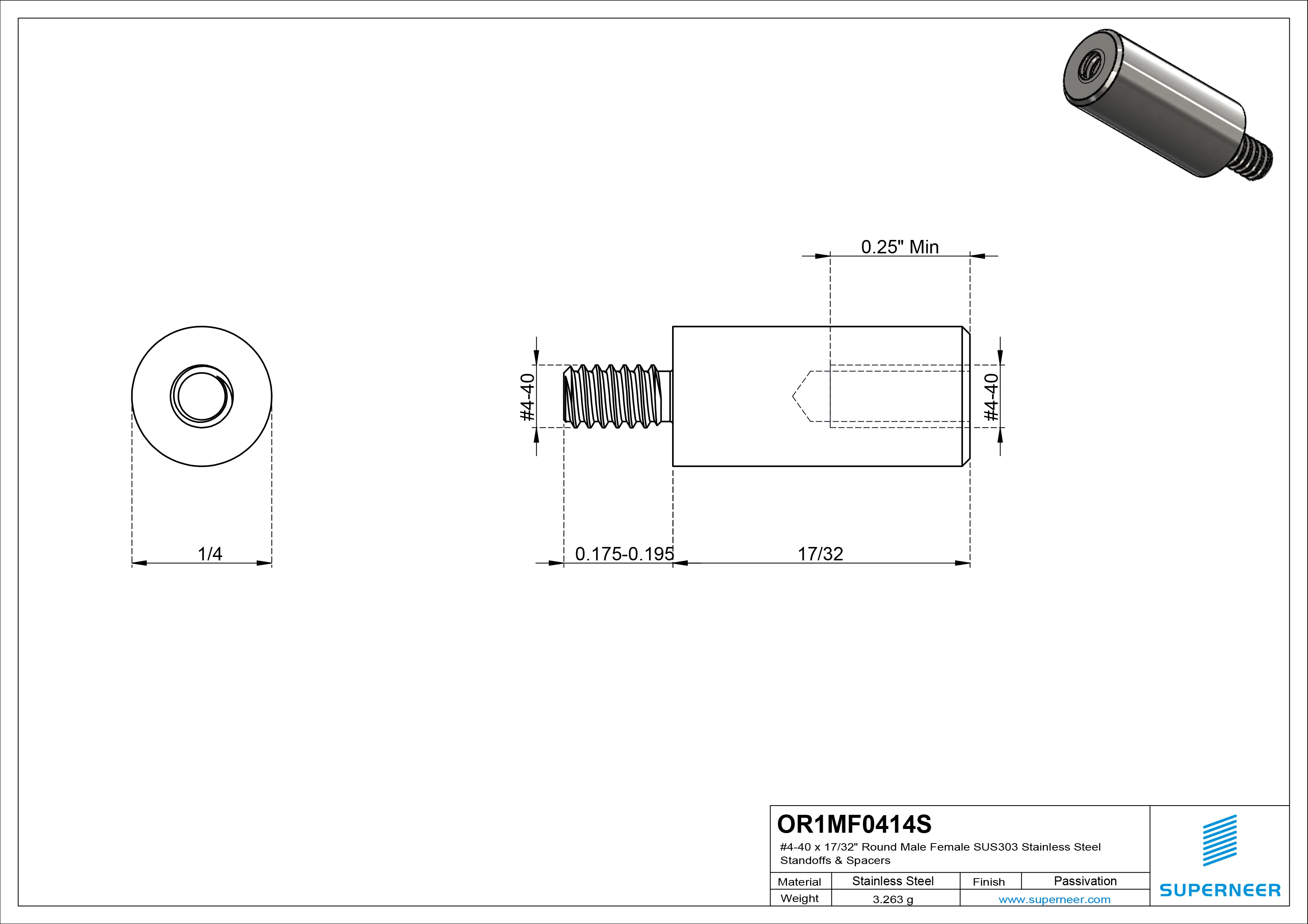 4-40 x 17/32" Round Male Female SUS303 Stainless Steel Inox Standoffs & Spacers