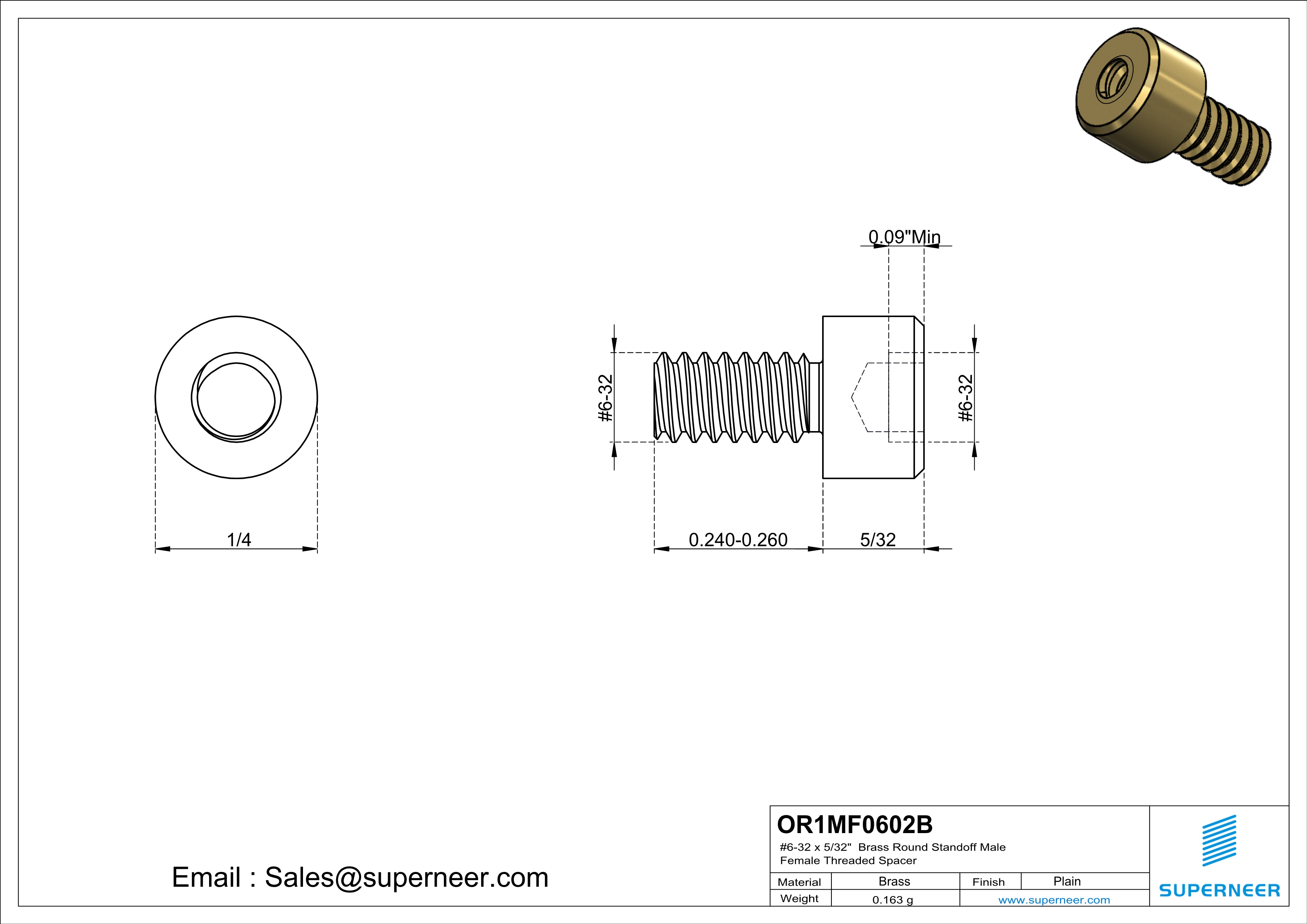 6-32 x 5/32" Brass Round Standoff Male Female Threaded Spacer