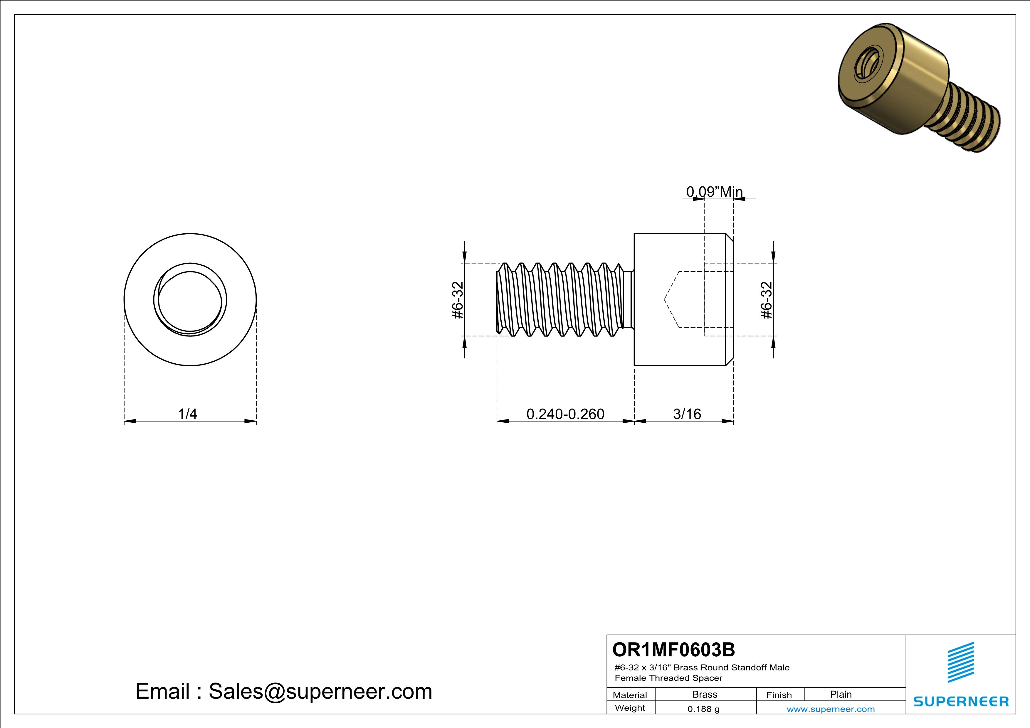 6-32 x 3/16" Brass Round Standoff Male Female Threaded Spacer