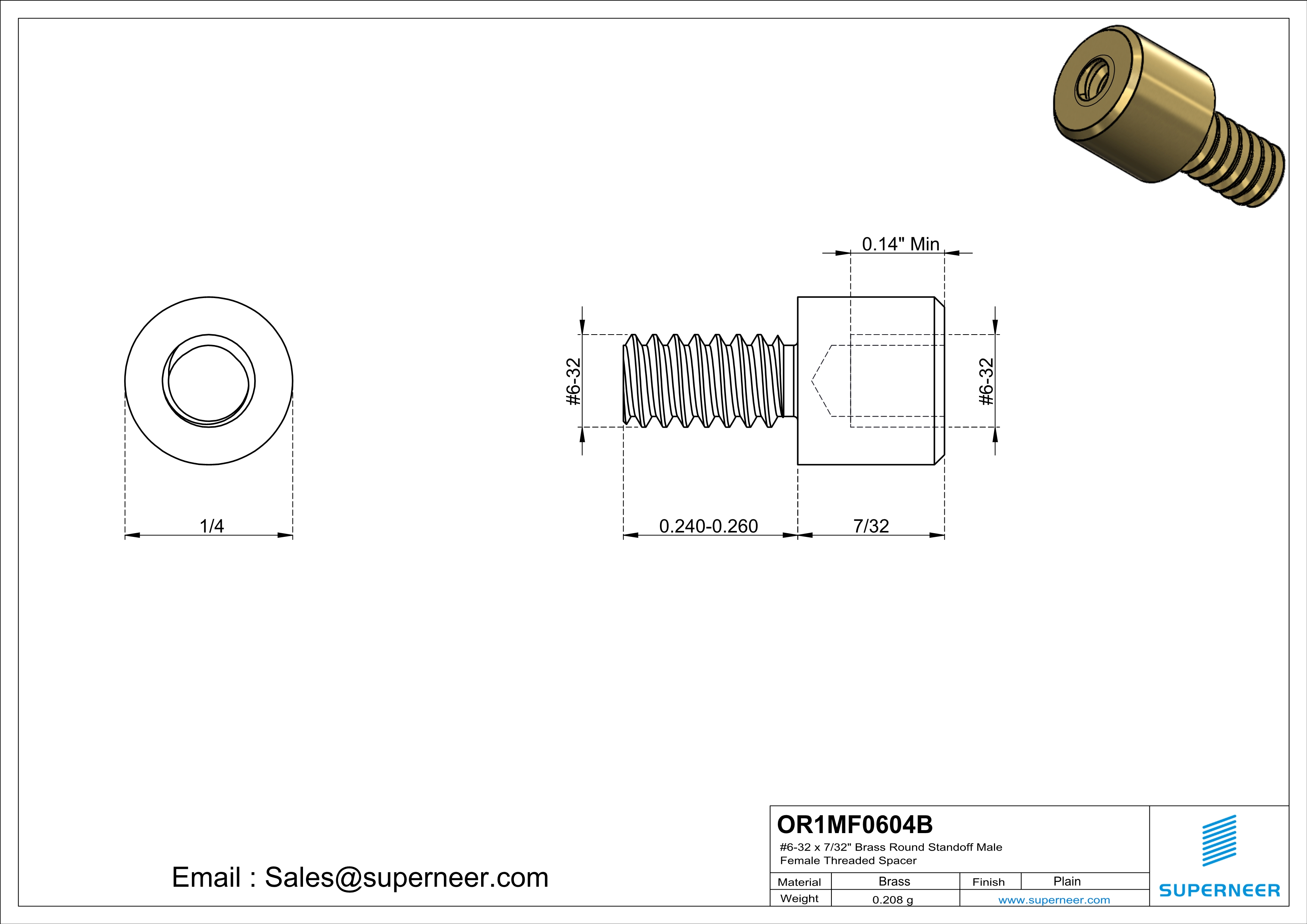 6-32 x 7/32" Brass Round Standoff Male Female Threaded Spacer