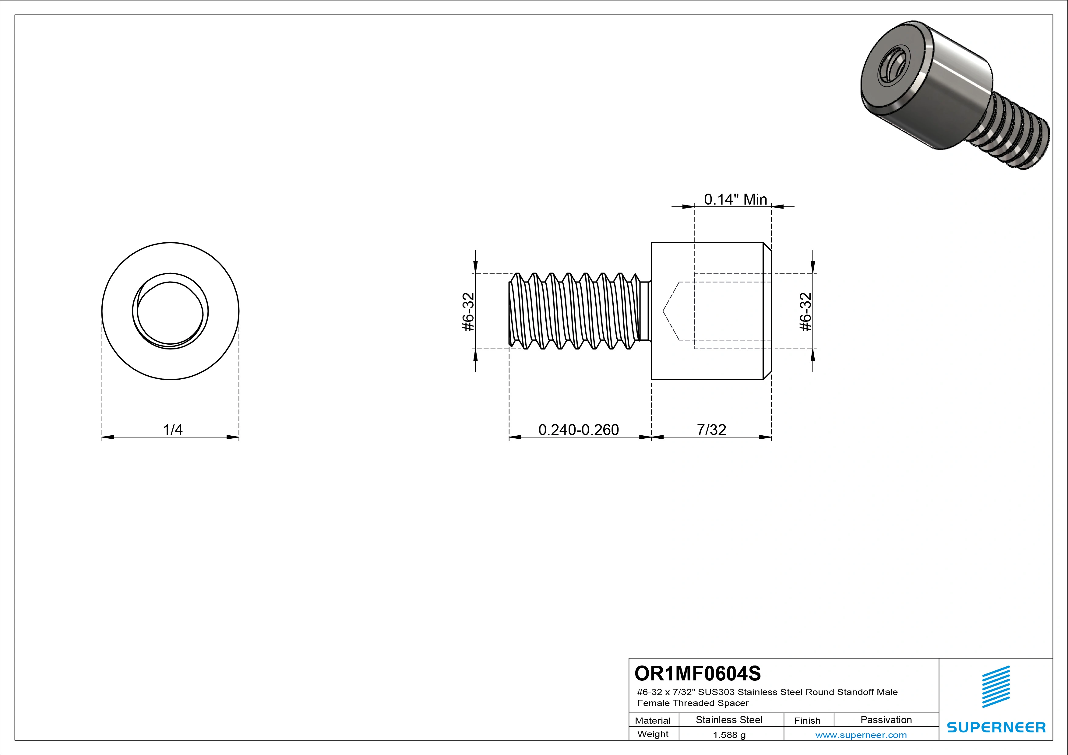 6-32 x 7/32" SUS303 Stainless Steel Inox Round Standoff Male Female Threaded Spacer