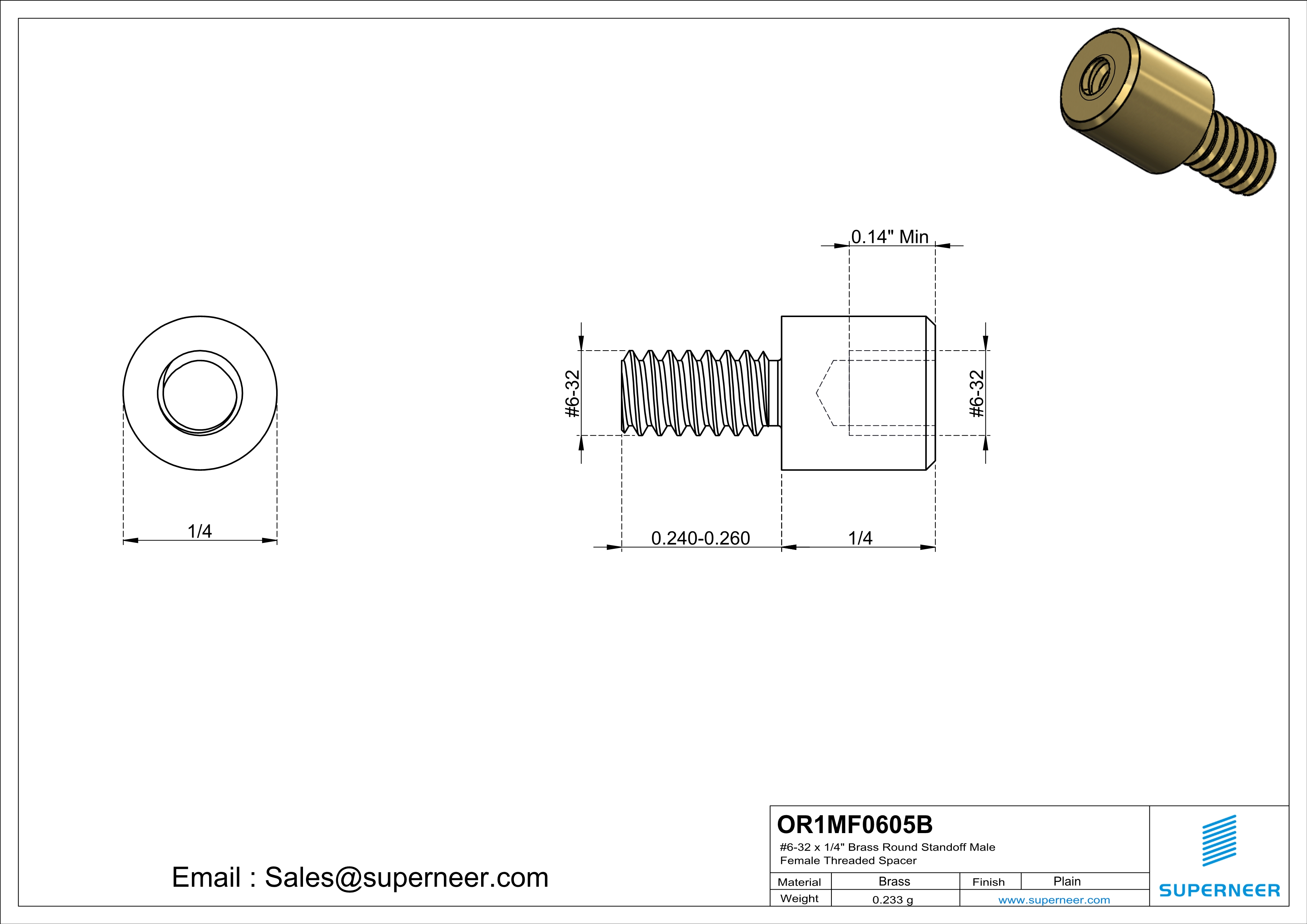 6-32 x 1/4" Brass Round Standoff Male Female Threaded Spacer