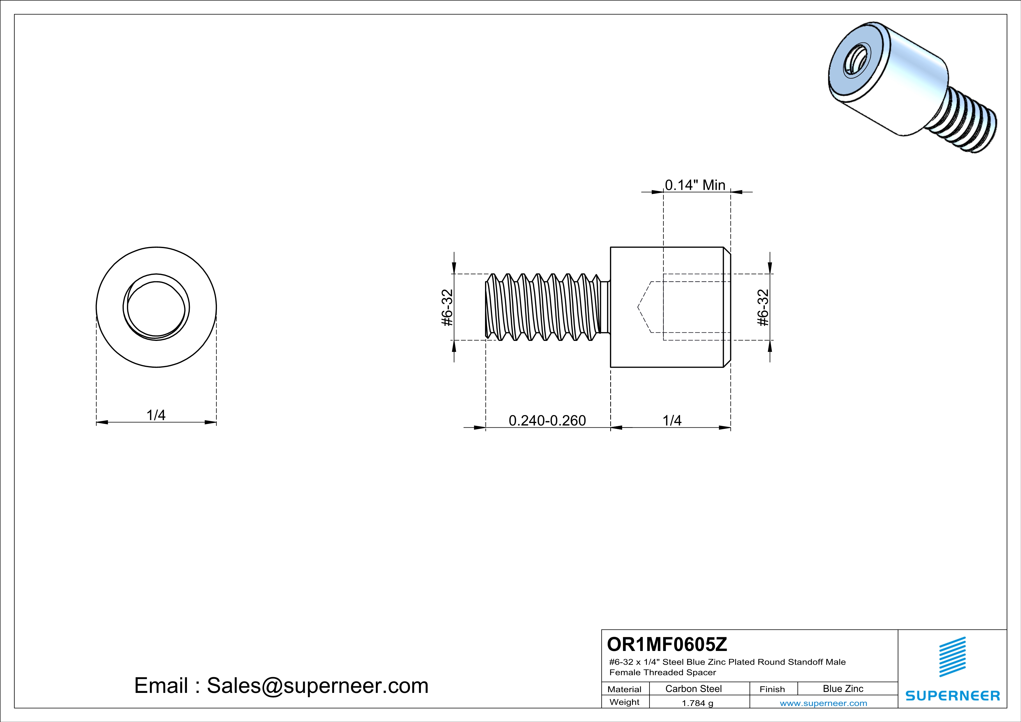 6-32 x 1/4" Steel Blue Zinc Plated Round Standoff Male Female Threaded Spacer