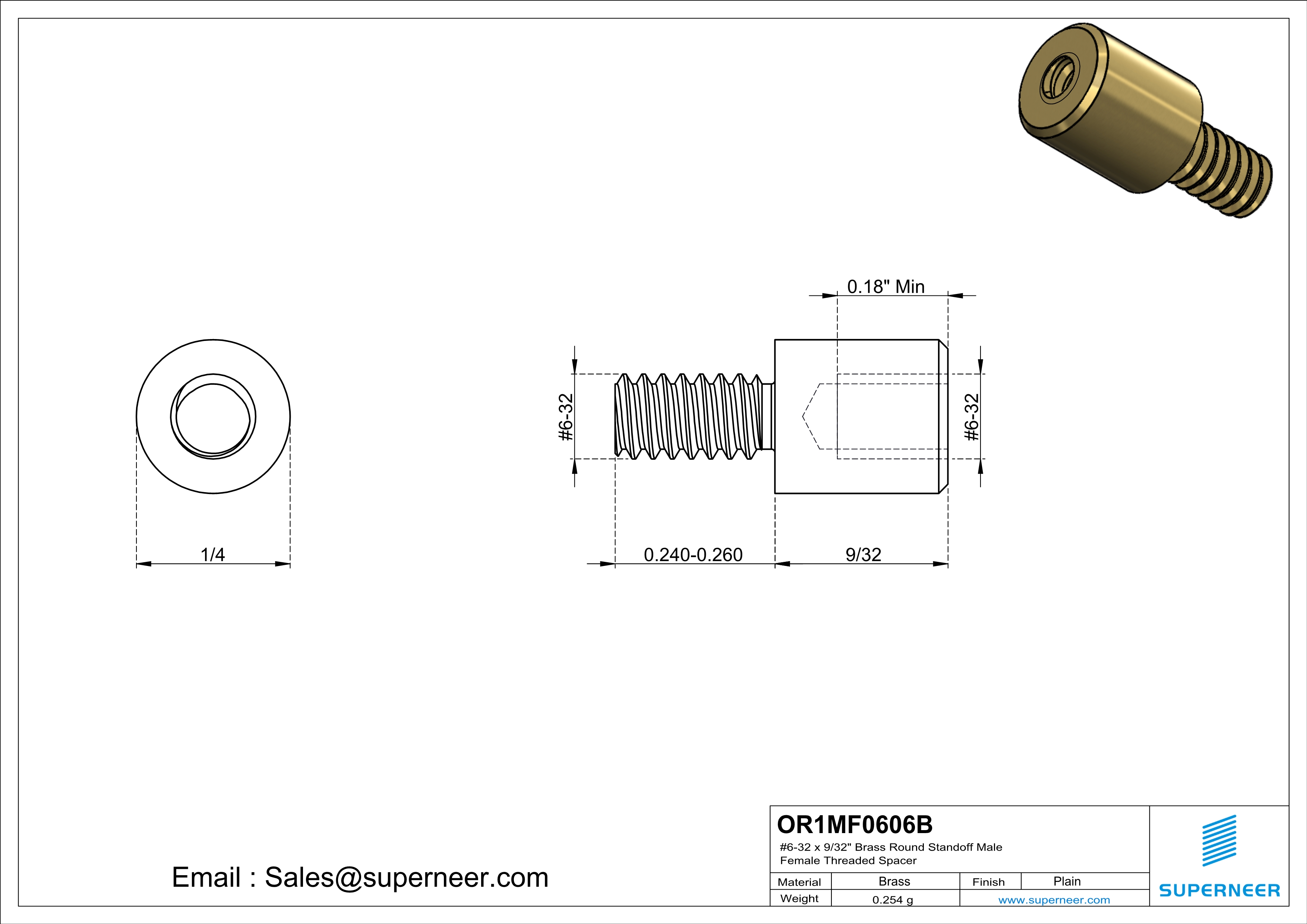 6-32 x 9/32" Brass Round Standoff Male Female Threaded Spacer