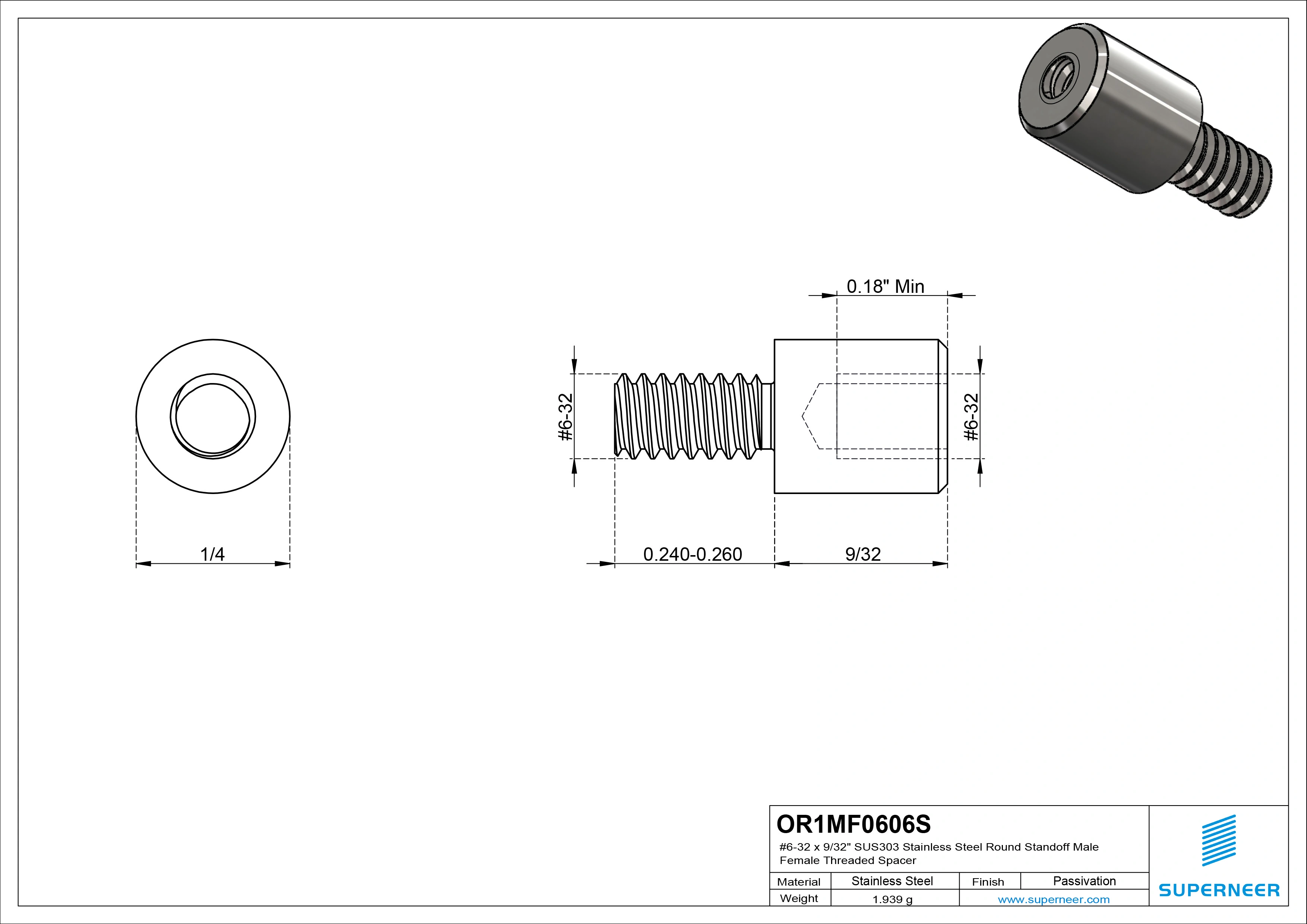 6-32 x 9/32" SUS303 Stainless Steel Inox Round Standoff Male Female Threaded Spacer