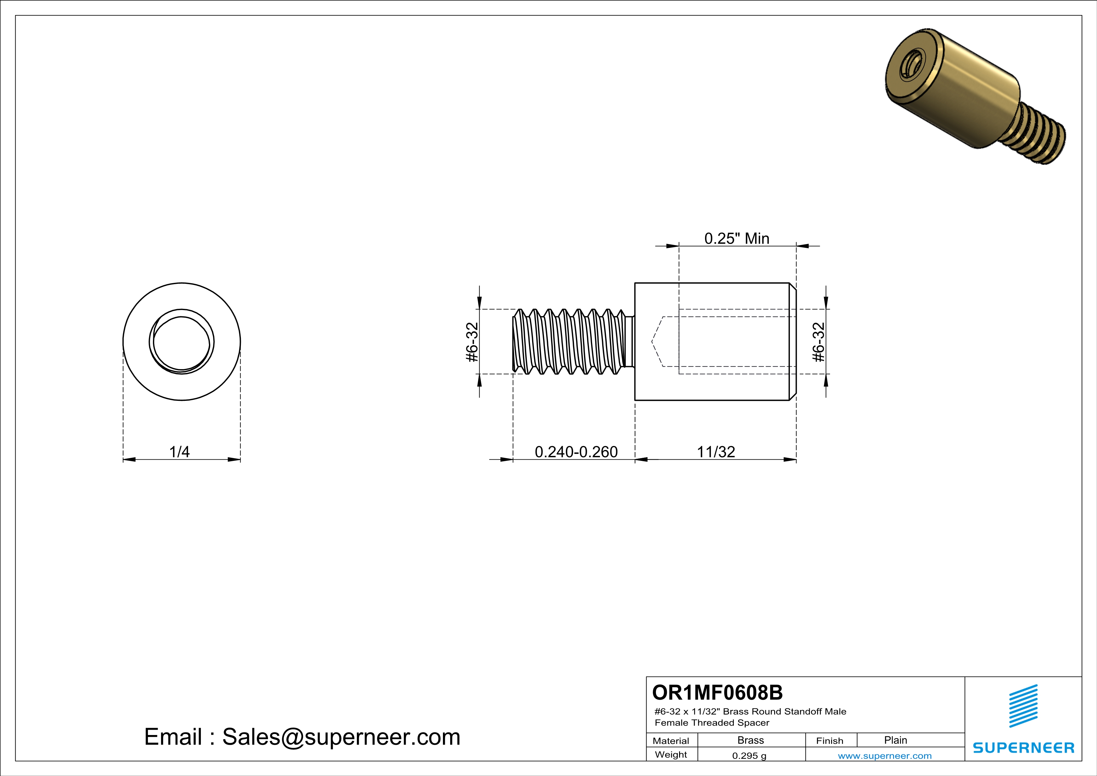 6-32 x 11/32" Brass Round Standoff Male Female Threaded Spacer