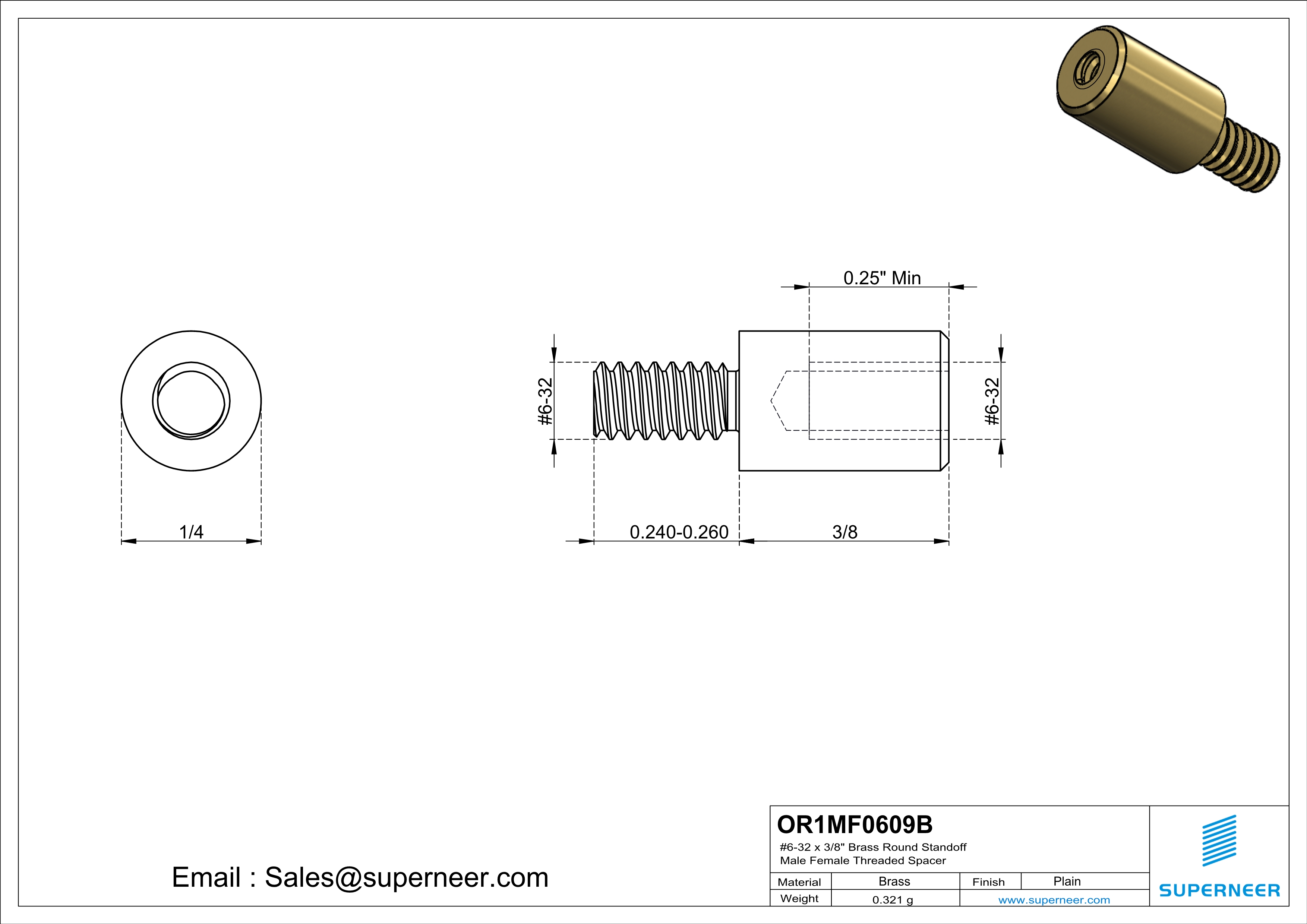 6-32 x 3/8" Brass Round Standoff Male Female Threaded Spacer