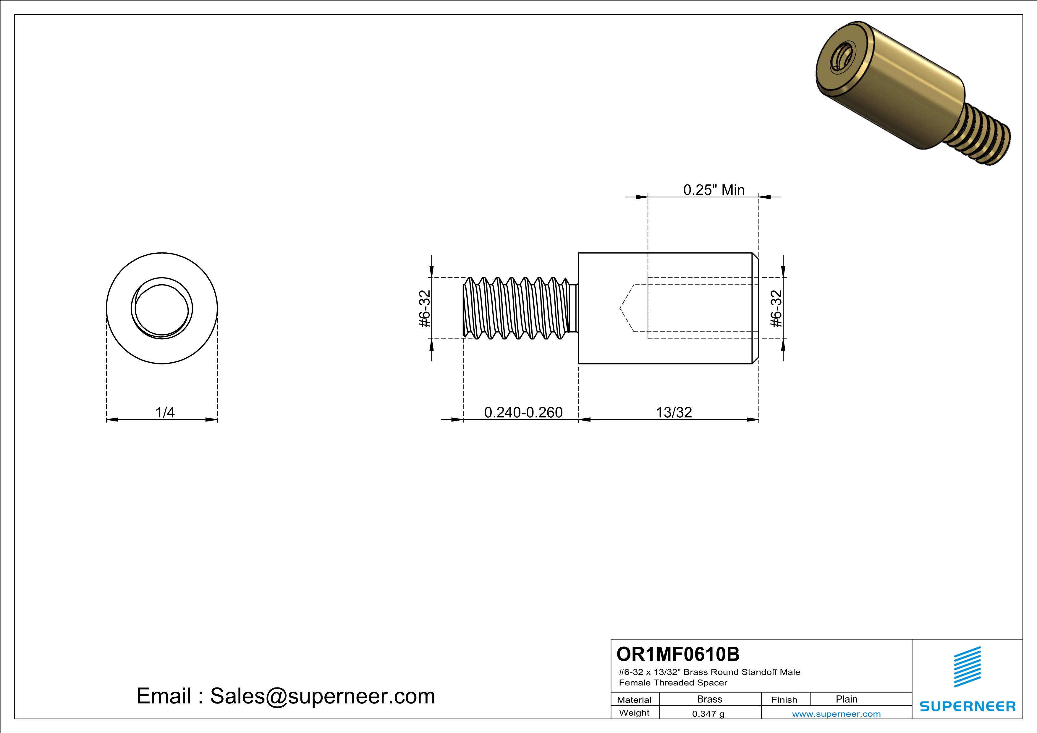 6-32 x 13/32" Brass Round Standoff Male Female Threaded Spacer