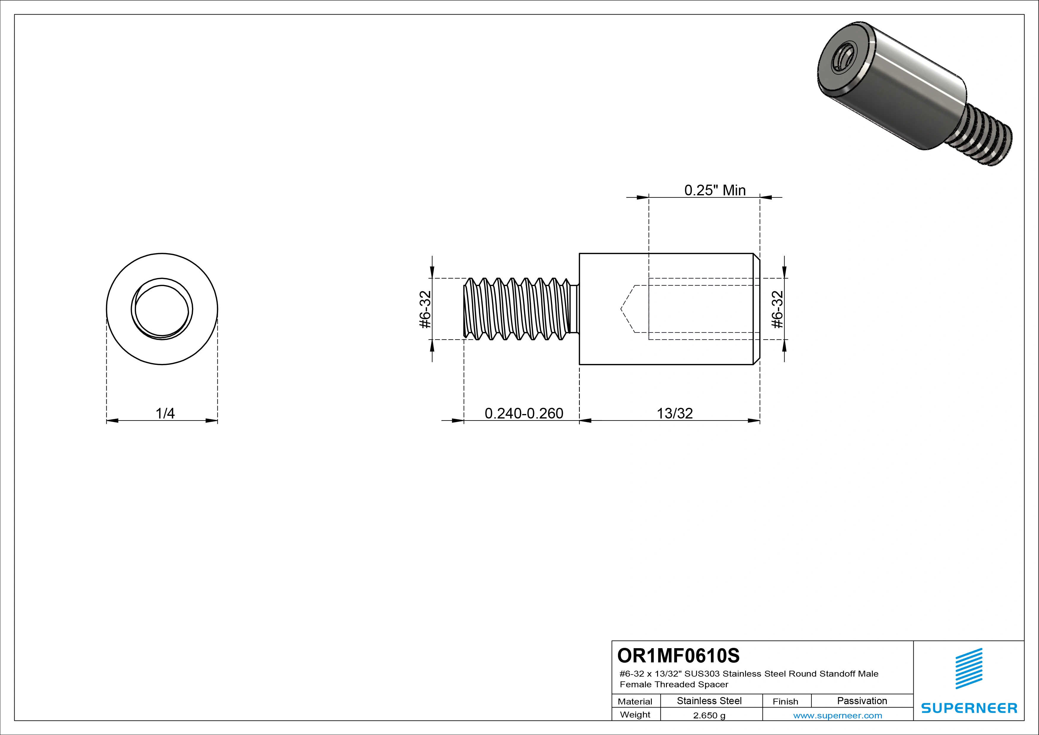 6-32 x 13/32" SUS303 Stainless Steel Inox Round Standoff Male Female Threaded Spacer