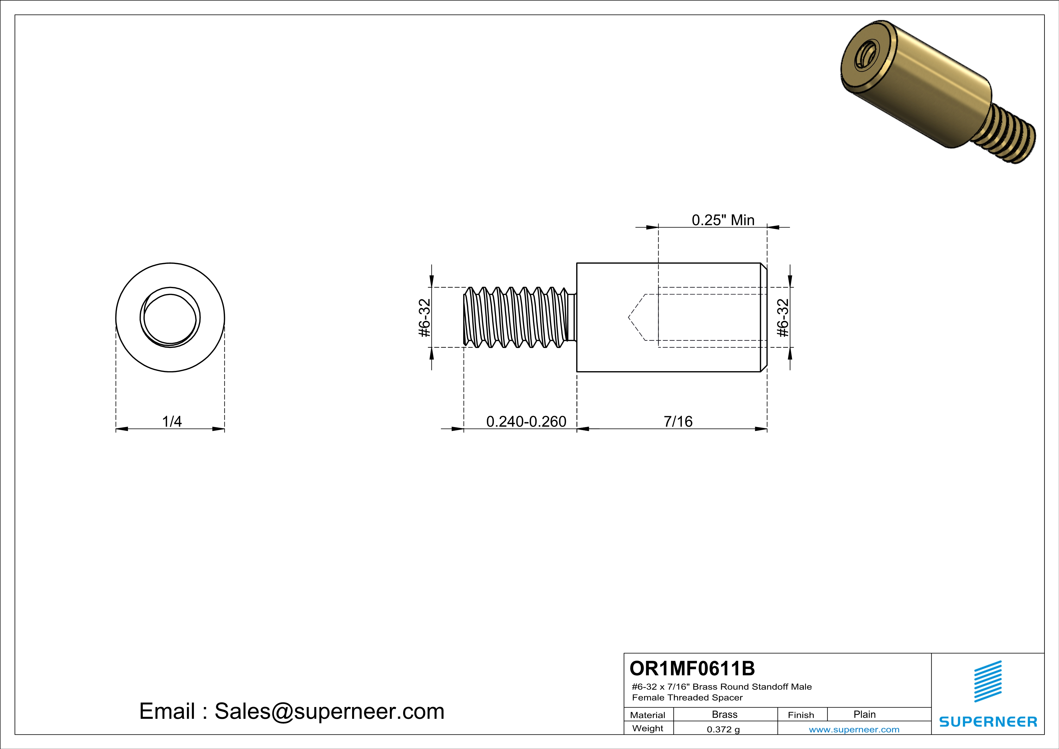 6-32 x 7/16" Brass Round Standoff Male Female Threaded Spacer