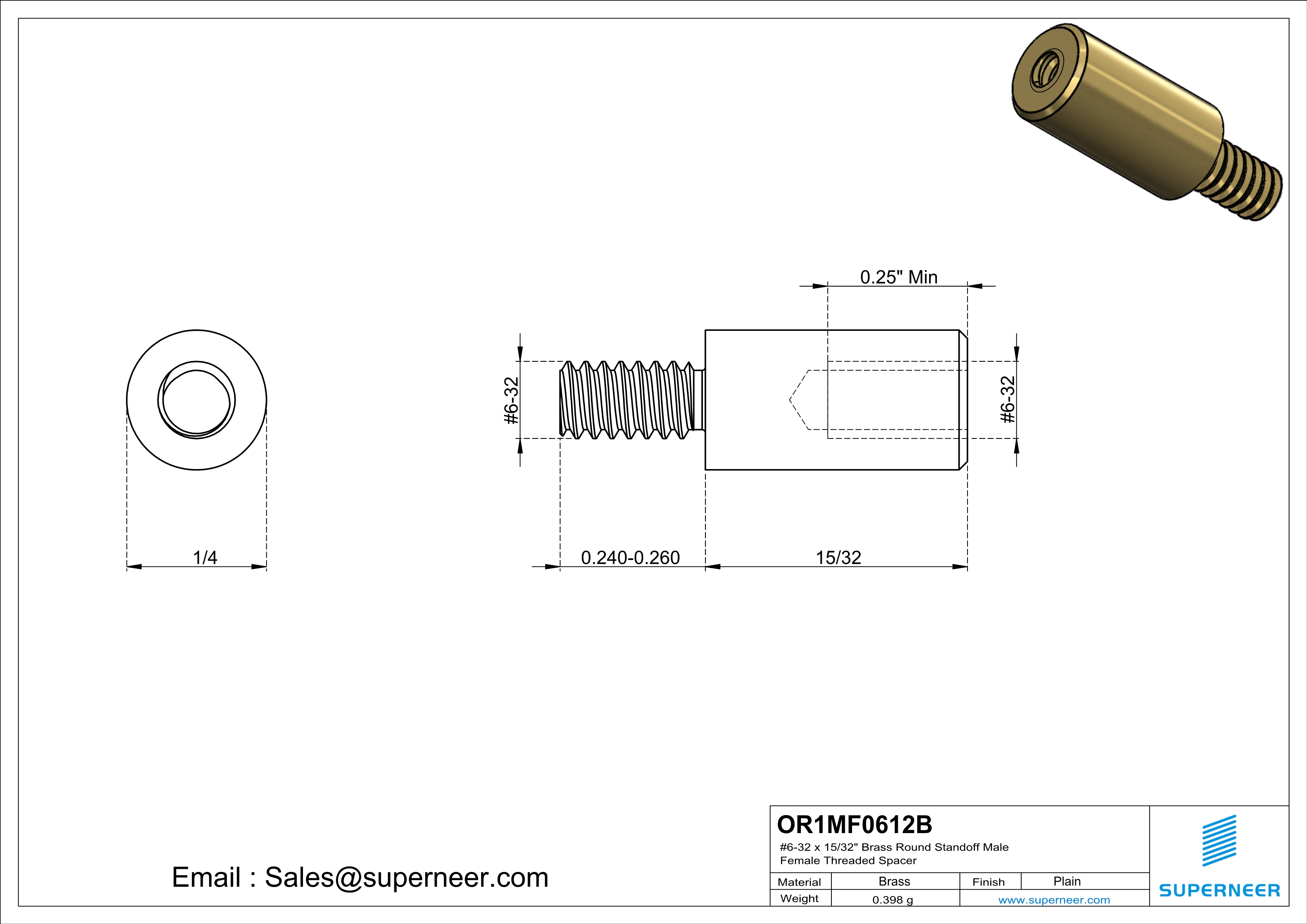 6-32 x 15/32" Brass Round Standoff Male Female Threaded Spacer