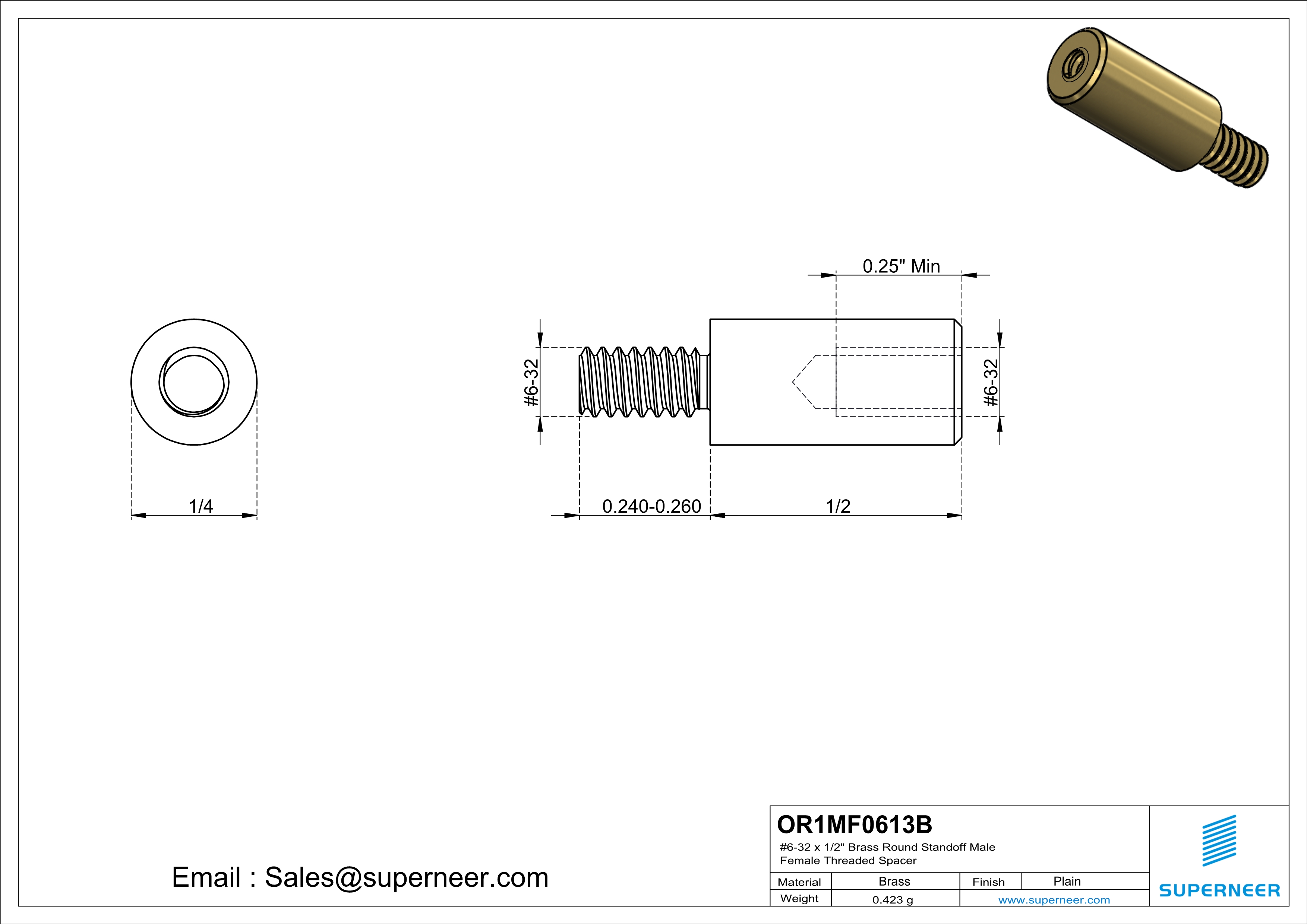 6-32 x 1/2" Brass Round Standoff Male Female Threaded Spacer