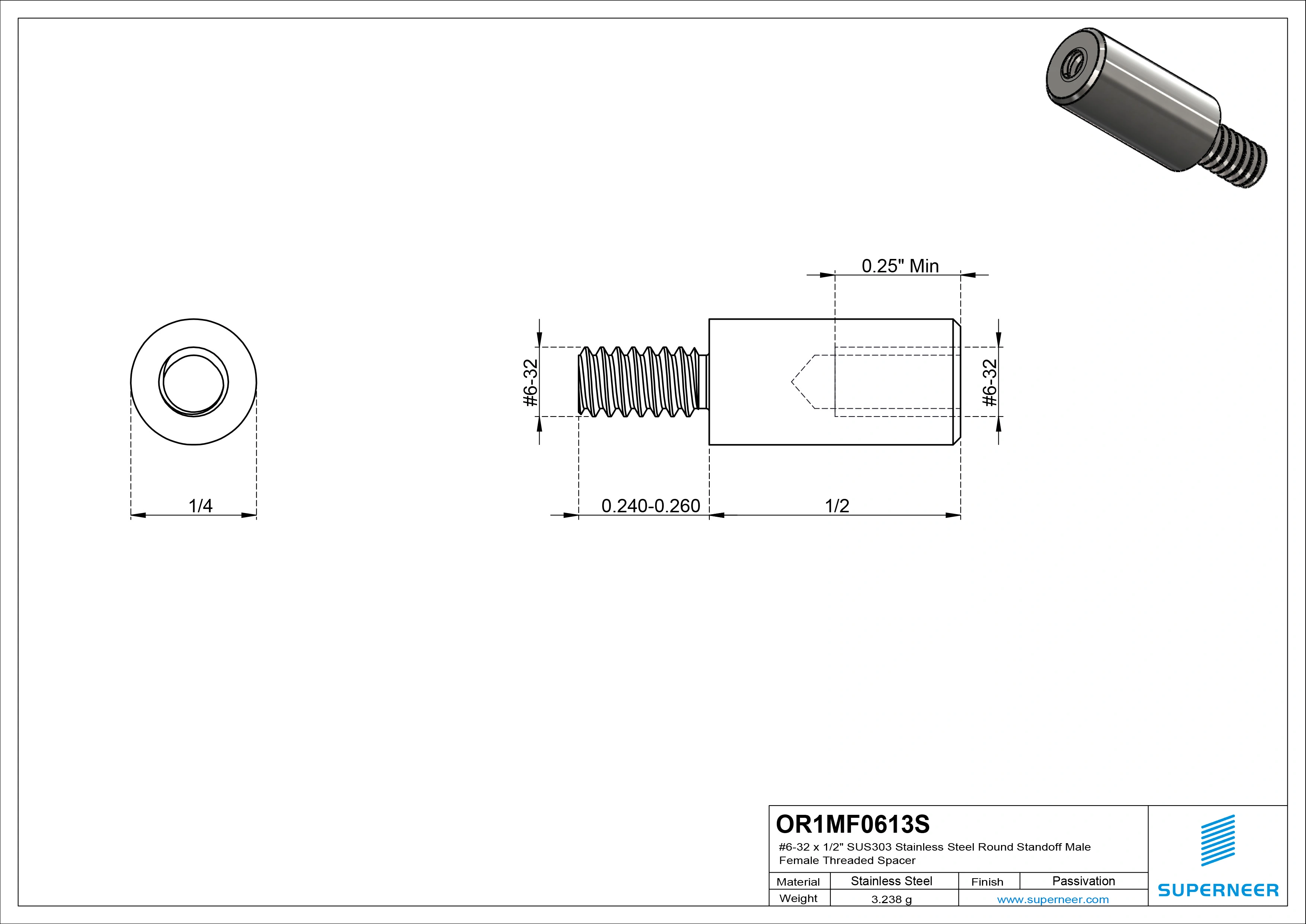 6-32 x 1/2" SUS303 Stainless Steel Inox Round Standoff Male Female Threaded Spacer