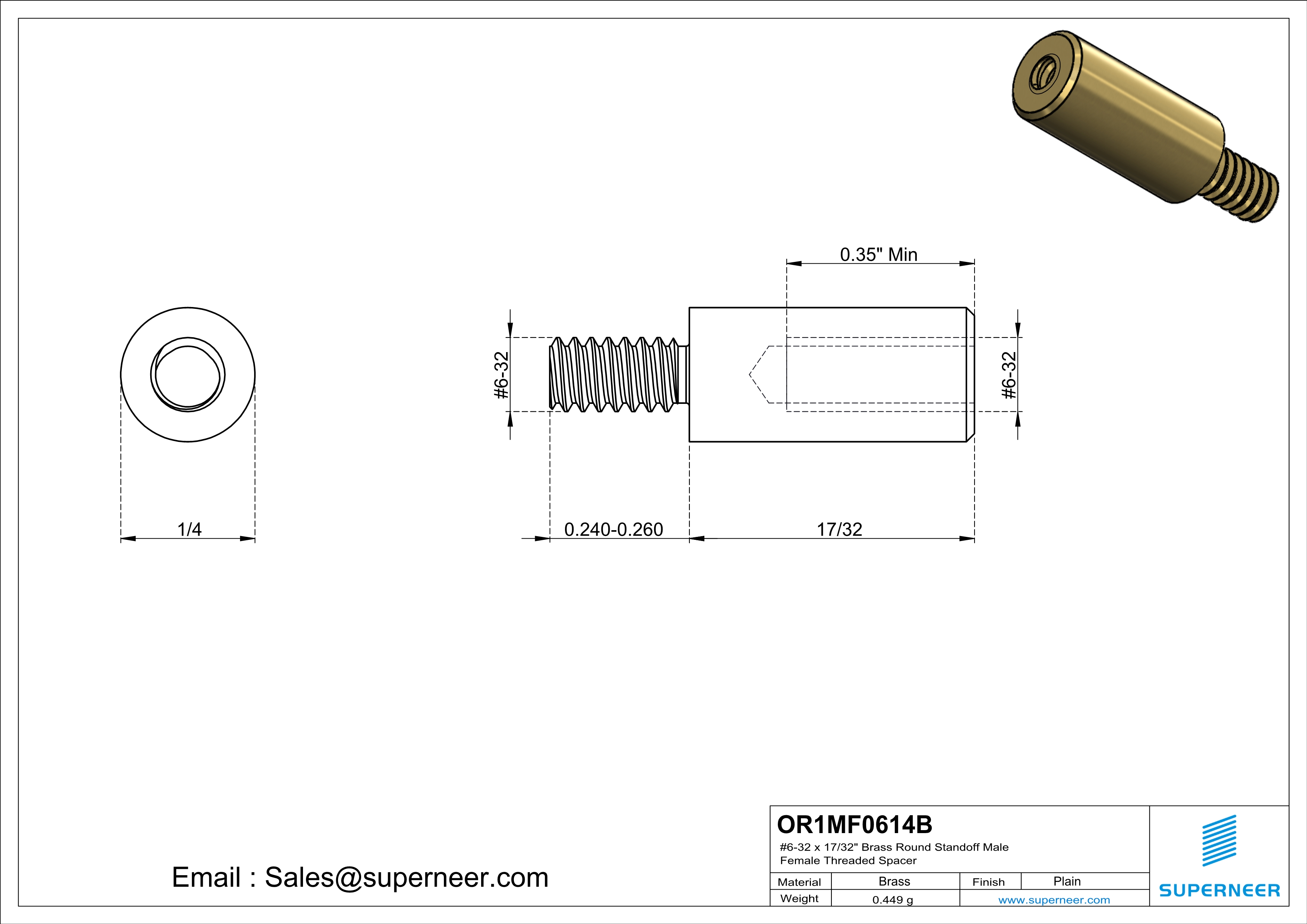 6-32 x 17/32" Brass Round Standoff Male Female Threaded Spacer