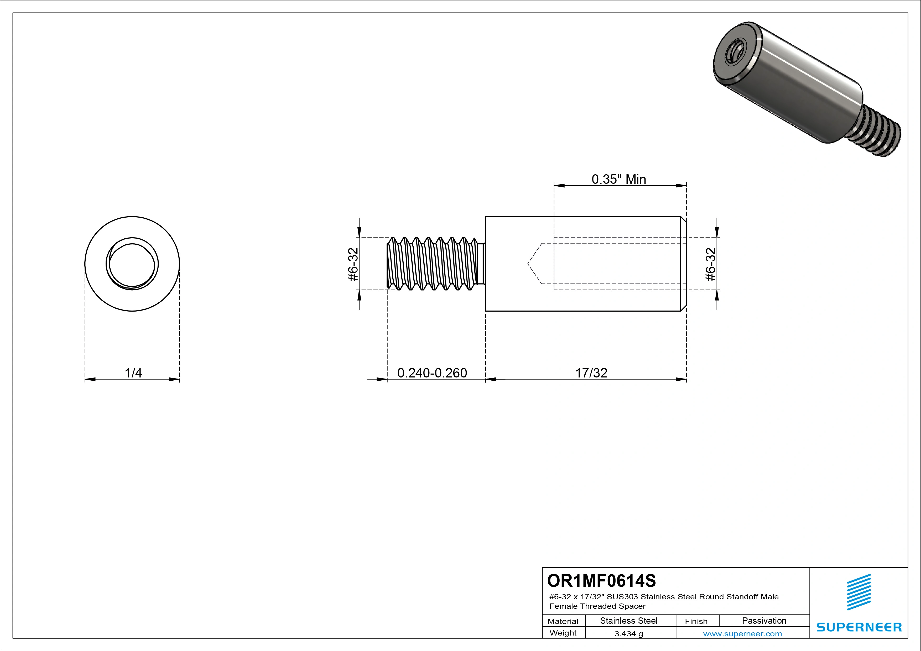 6-32 x 17/32" SUS303 Stainless Steel Inox Round Standoff Male Female Threaded Spacer