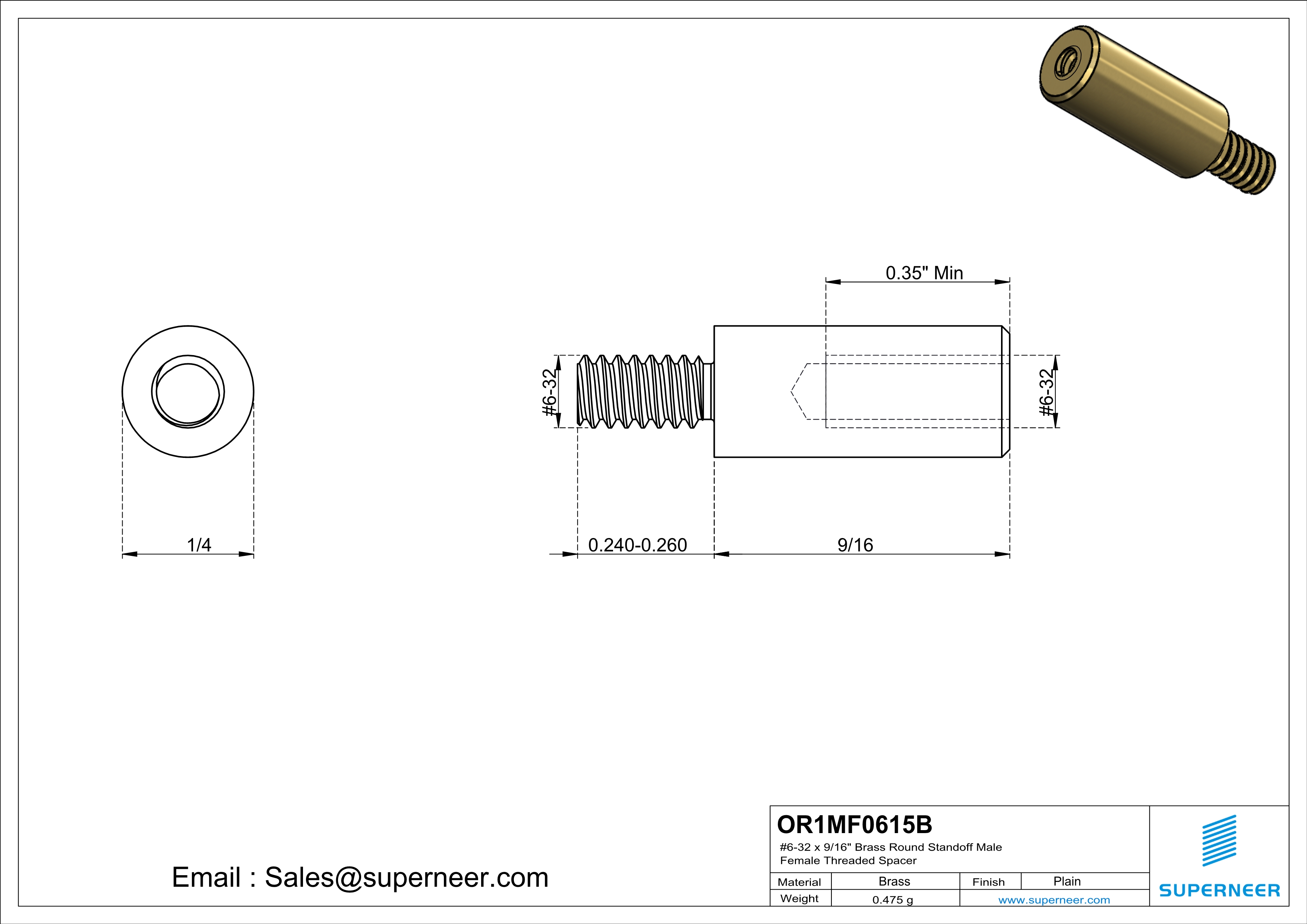 6-32 x 9/16" Brass Round Standoff Male Female Threaded Spacer