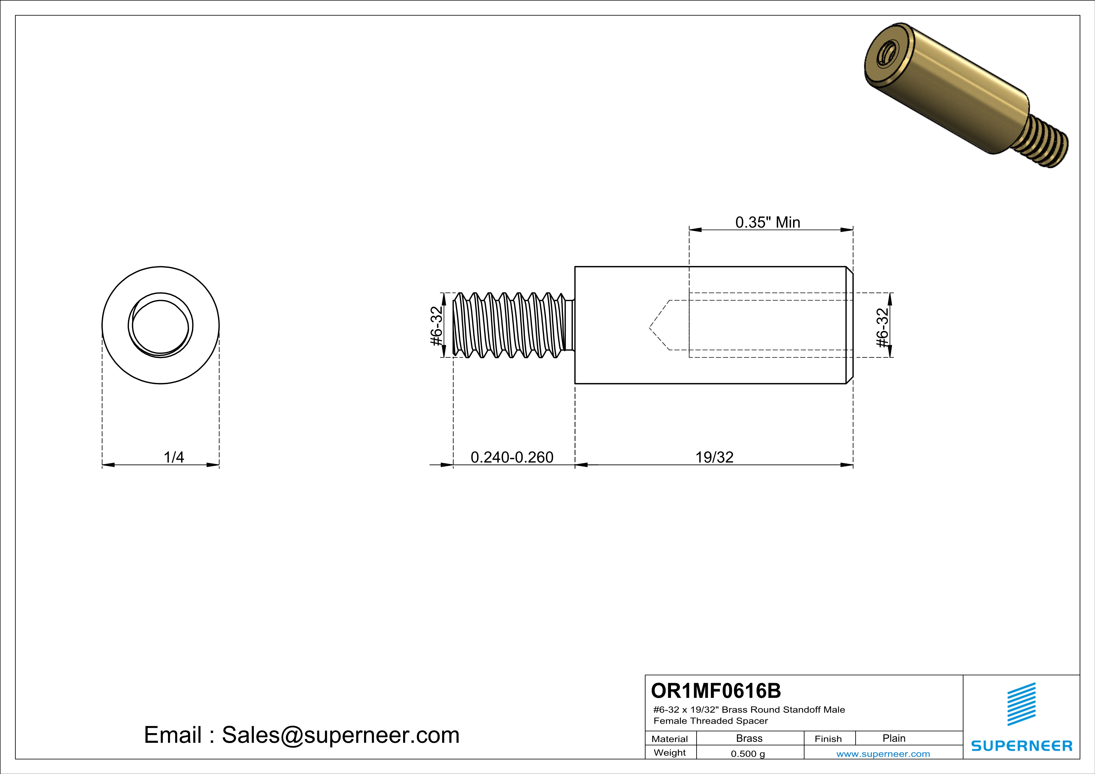 6-32 x 19/32" Brass Round Standoff Male Female Threaded Spacer