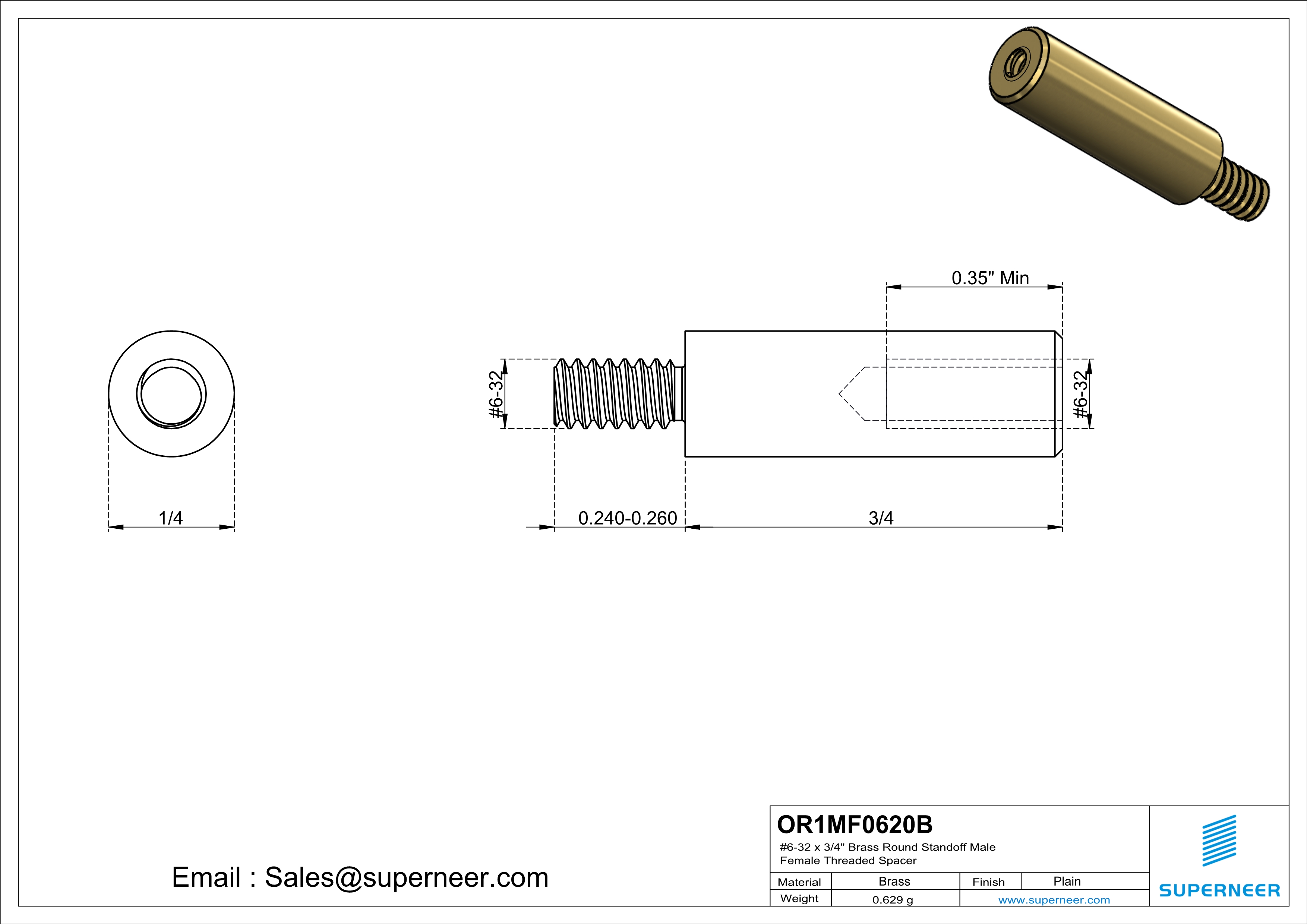 6-32 x 3/4" Brass Round Standoff Male Female Threaded Spacer