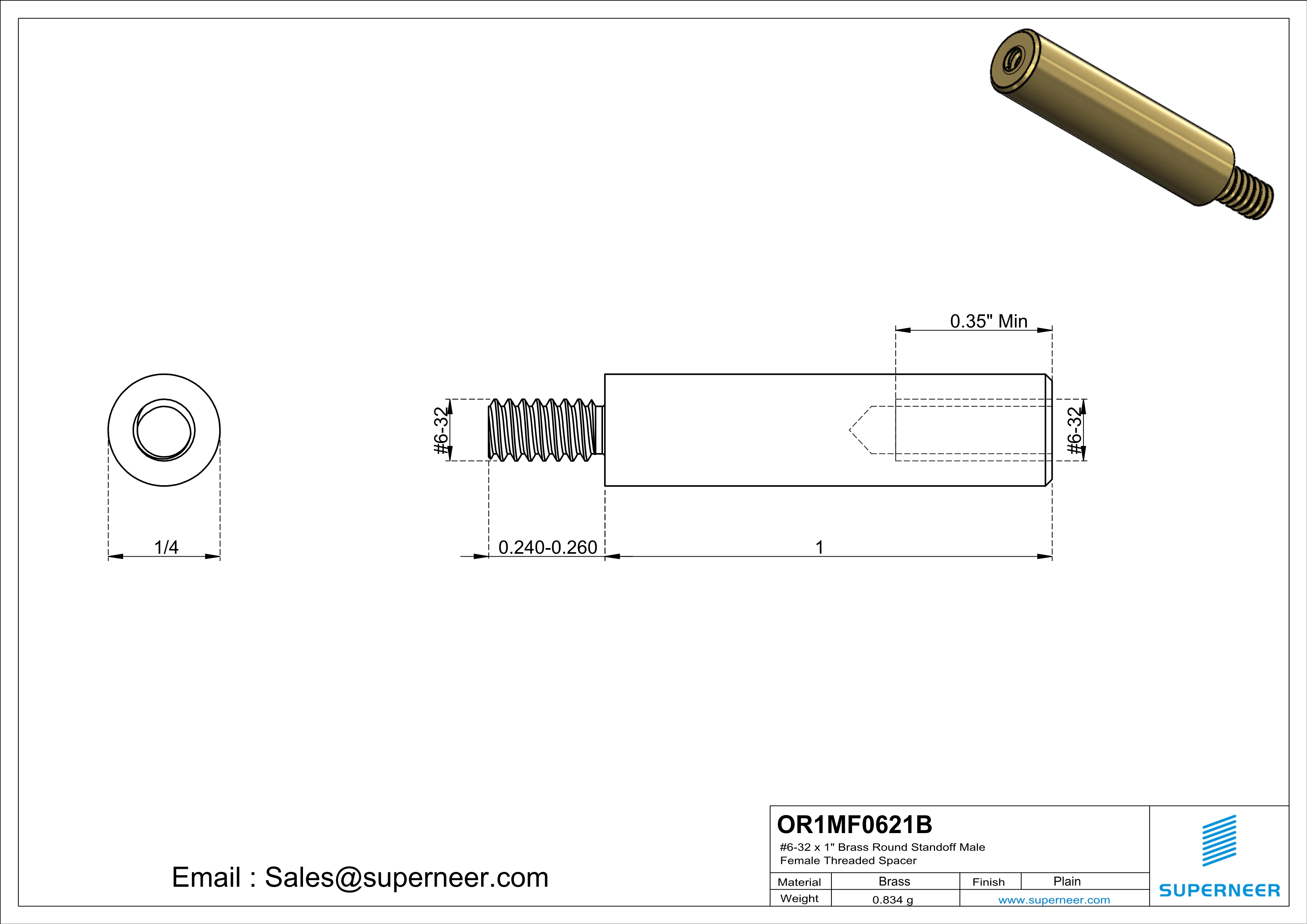 6-32 x 1" Brass Round Standoff Male Female Threaded Spacer